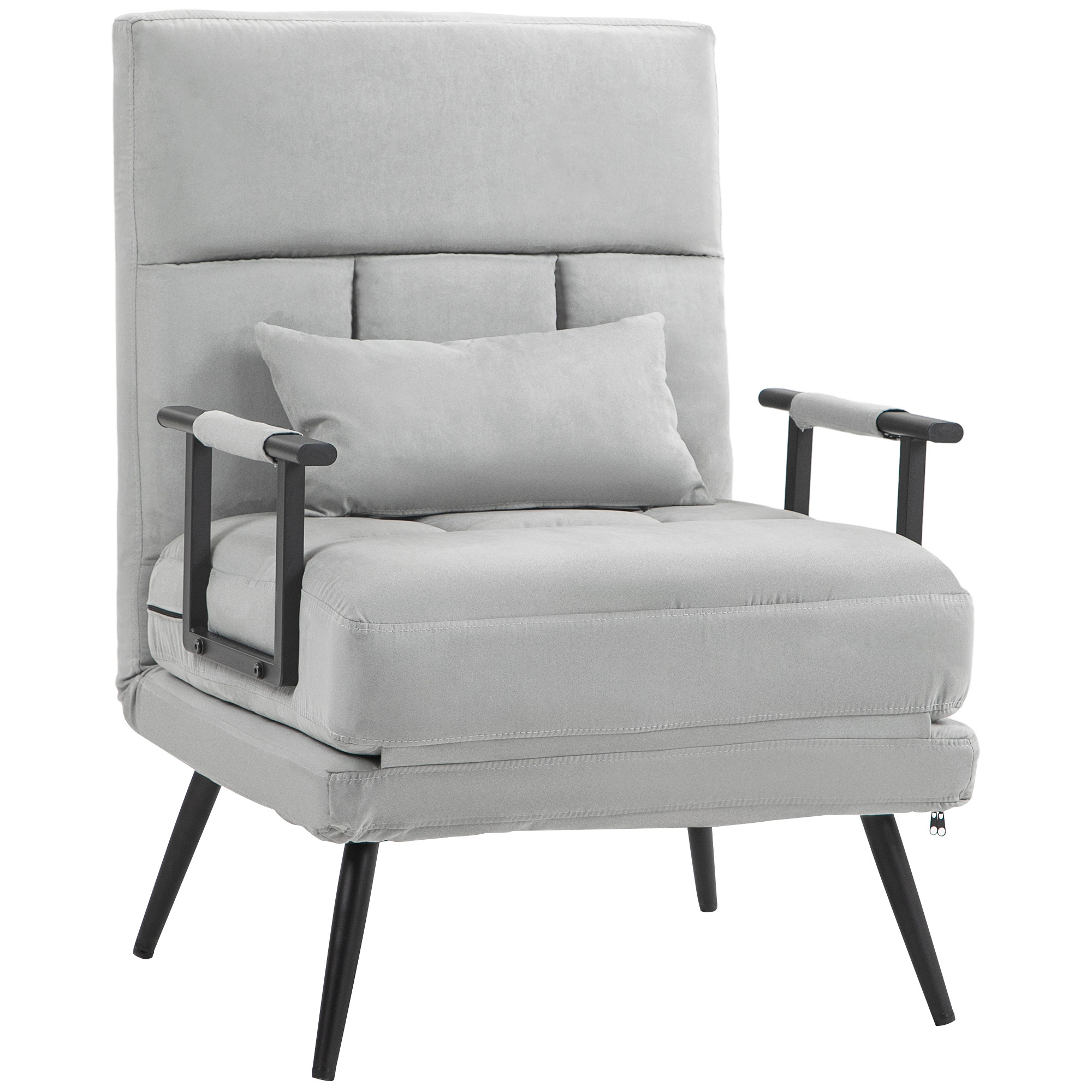 1-seat Convertible Sofa Bed With 3-position Reclining Backrest, Armrests & Cushion, Velvet Effect, Gray