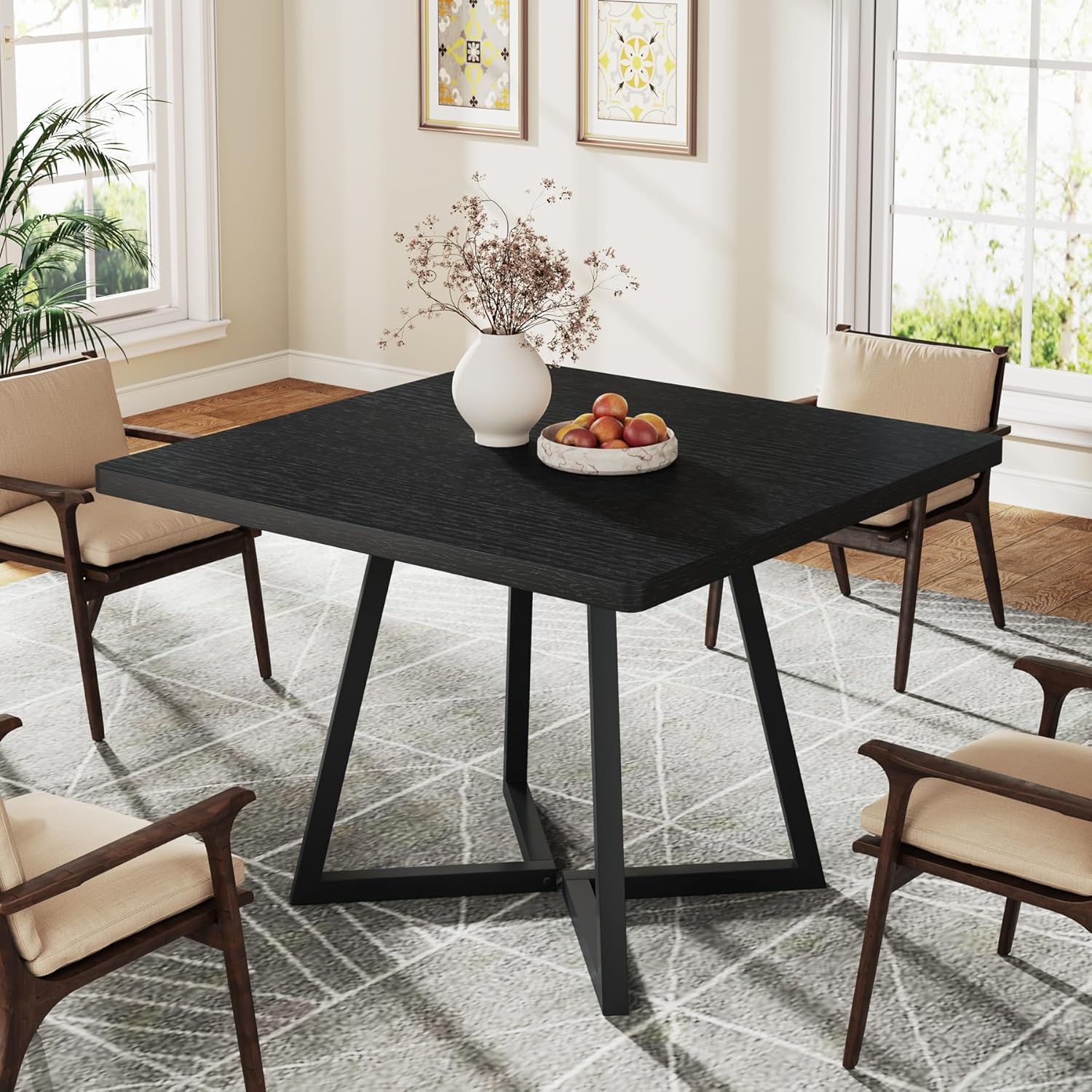 Dining -4, 80 X 80 Cm Industrial Dinner Table With Metal Base, Farmhouse Kitchen Table For Dining Room, Small Space, Apartment (black)