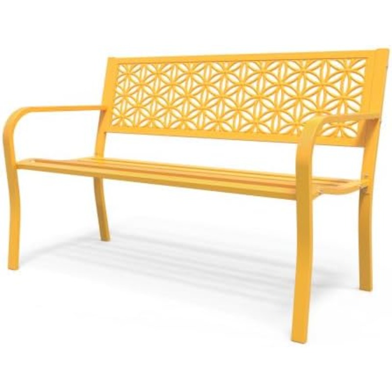 TEMU Bonnlo Banc de Jardin en Métal 127 cm, Design Floral, Banc Extérieur 2-3 Places, aux Intempéries, Charge 250 kg, Jaune