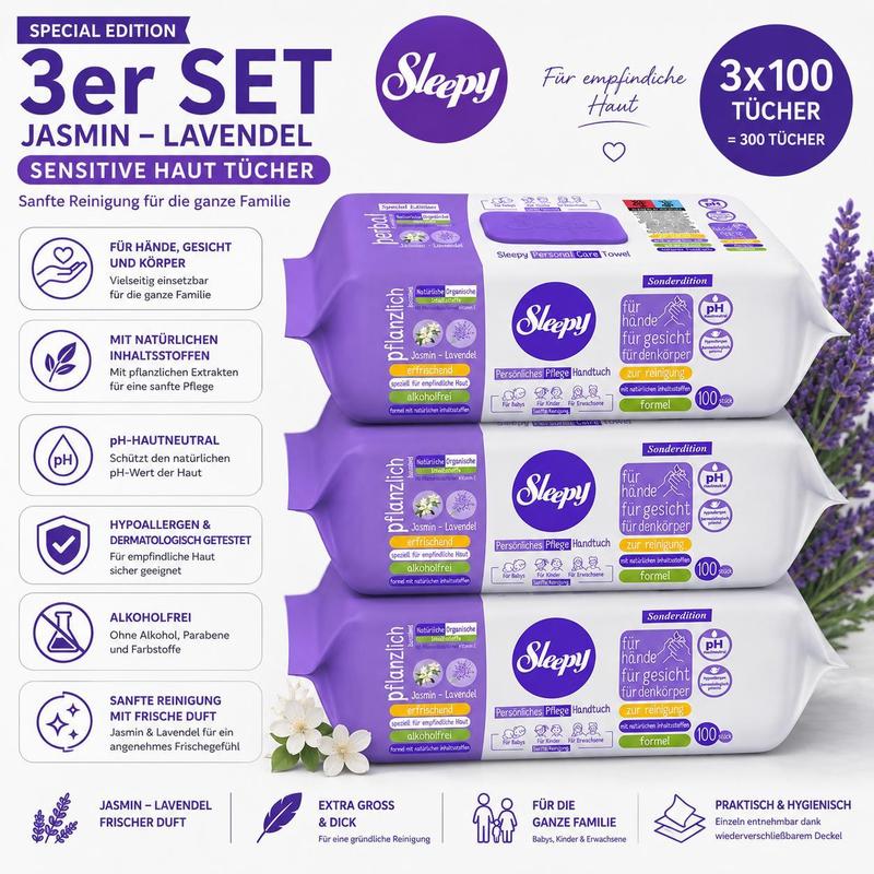 Easy Clean Sensitive Wet Wipes Jasmine - Lavender 3x100 Wipes – For Babies, Children & Adults – Alcohol-free, Ph Skin-neutral, Hypoallergenic, For Hands