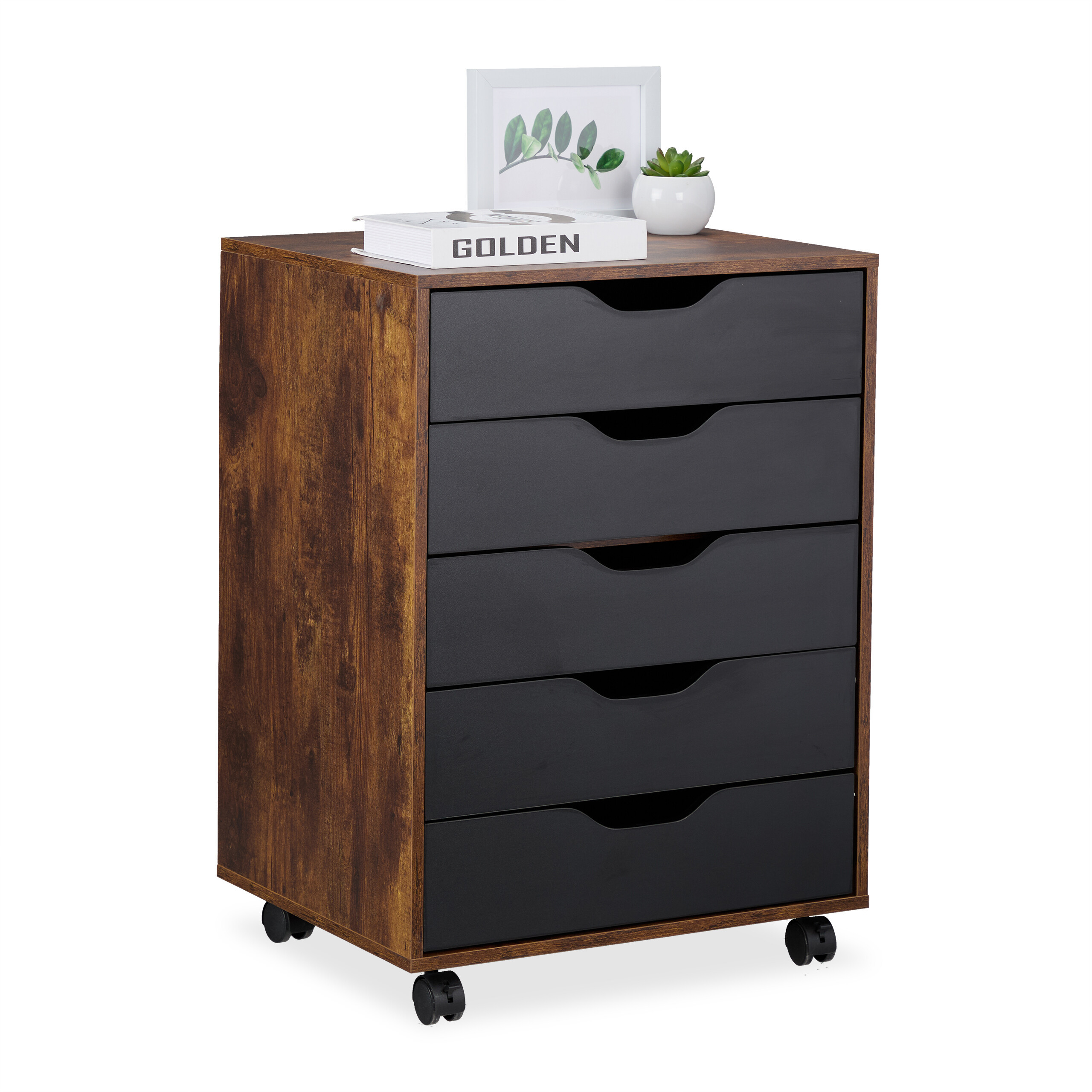 TEMU Caisson de bureau, tiroirs, 66.5 x 48 x 39.5 cm, bois composite et plastique, plateau jusqu’à 23 kg, roulettes dont avec frein, noir industriel,
