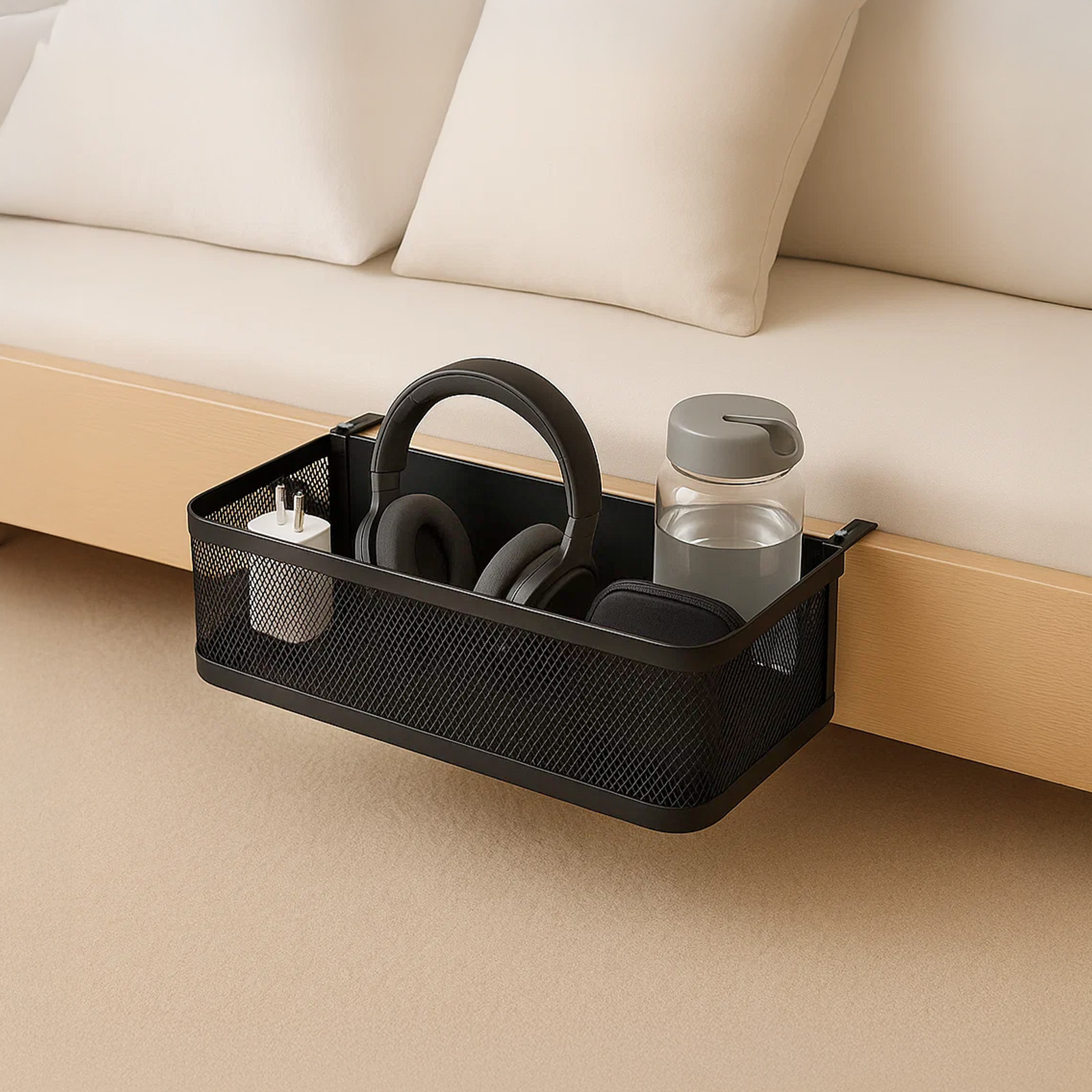 E-shop Hängender Nachttisch Korb, Metall Bett-Organizer mit Haken, Aufbewahrungskorb Hängend Bett, Nachttisch Bett Korb zum Aufhängen für Bücher,