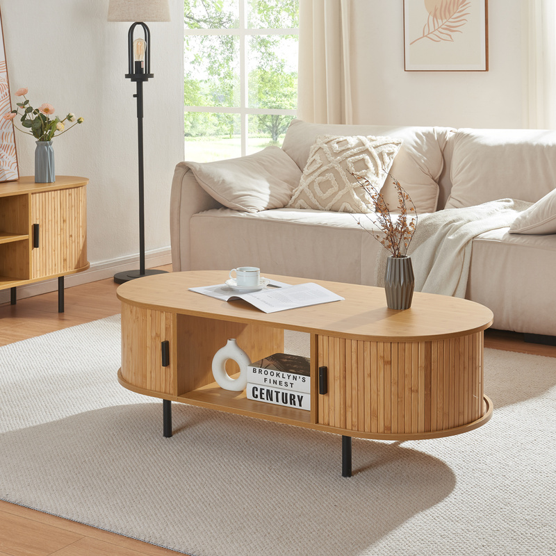Image of Coffee Table 'tvedestrand With 2 Sliding Doors Metal Legs 120 X 55 X 40 Cm Wood Colors / Black