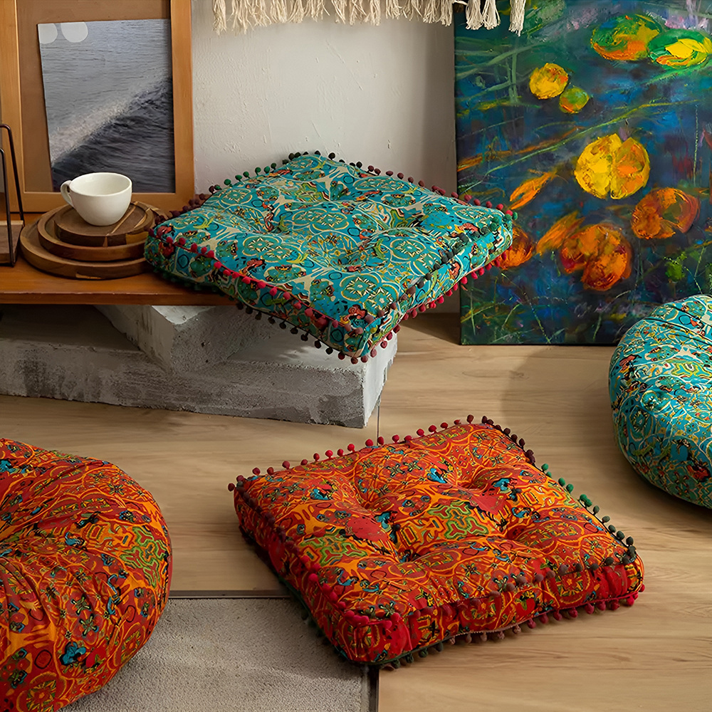Image of 42*42*7cm 1pc Square Floor Cushion, Blue/orange, Moroccan Style Home Chair Pad, Suitable For Dining Room, Garden, Courtyard, Living Room, Use