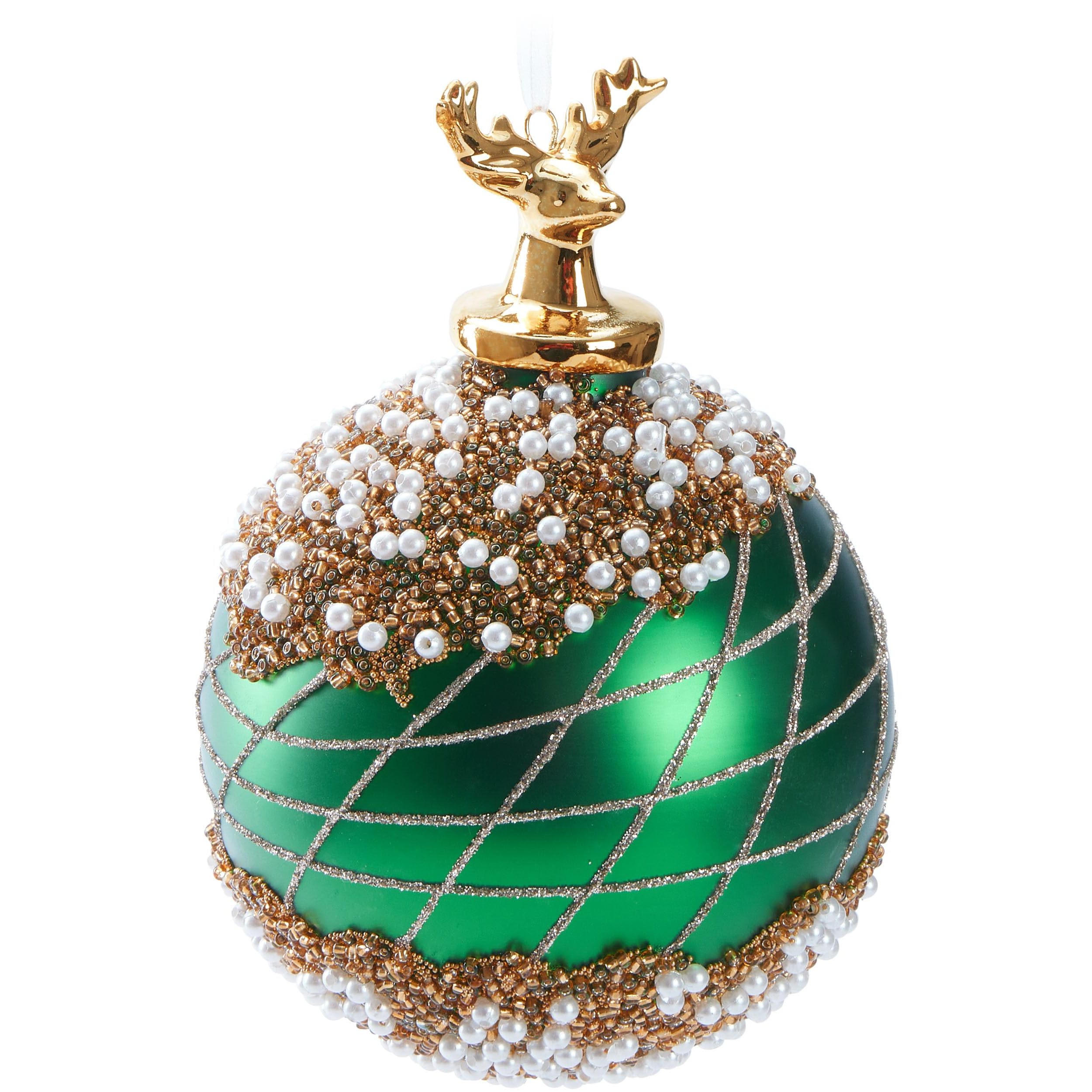Image of Brubaker Premium Christmas With Deer Figure Gold - Hand-decorated Ornament - 10 Cm Christmas Tree Decoration With Pearl Decorations And Glitter - Christmas Tree Ball Decoration