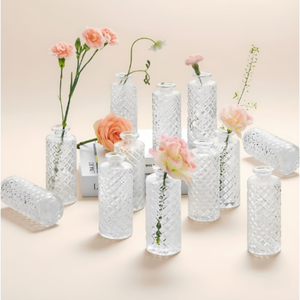 Image of 12pcs Of Glass Vase S-retro Diamond Grid Vase 13cm High Dining Table Wedding Decoration Vase