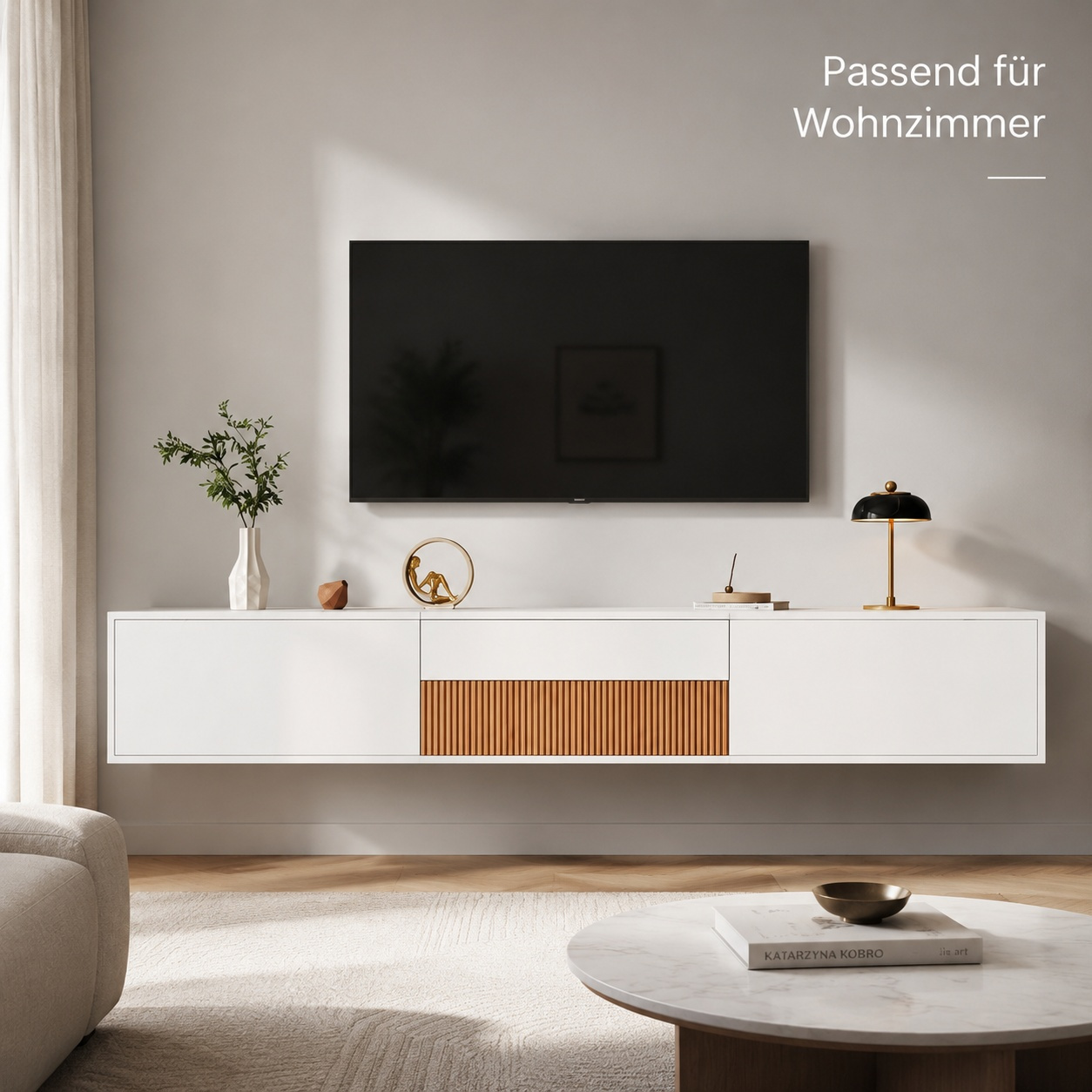 Image of Cabinet With Wood Contrast, 3 Doors 2 Drawers, Multifunctional Storage Cabinet, Wall & Floor Mount For Living Room 180 X 34 X 30 Cm (l X W X H)