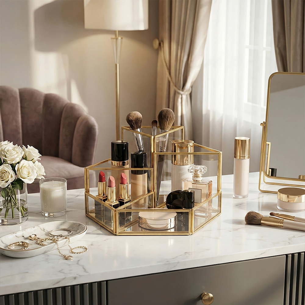 5-Compartment Vintage Style Brush Organizer with Mirror Base