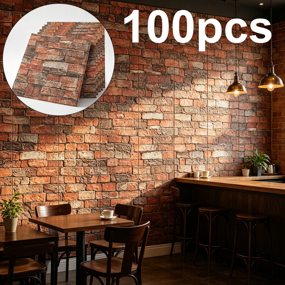 TEMU Diy Renovation 3d Foam Wall Covering, 100pcs ‑red Peel‑and‑stick Self‑adhesive Wall Panel Stickers, Removable Cuttable Easy‑clean Wallpaper For