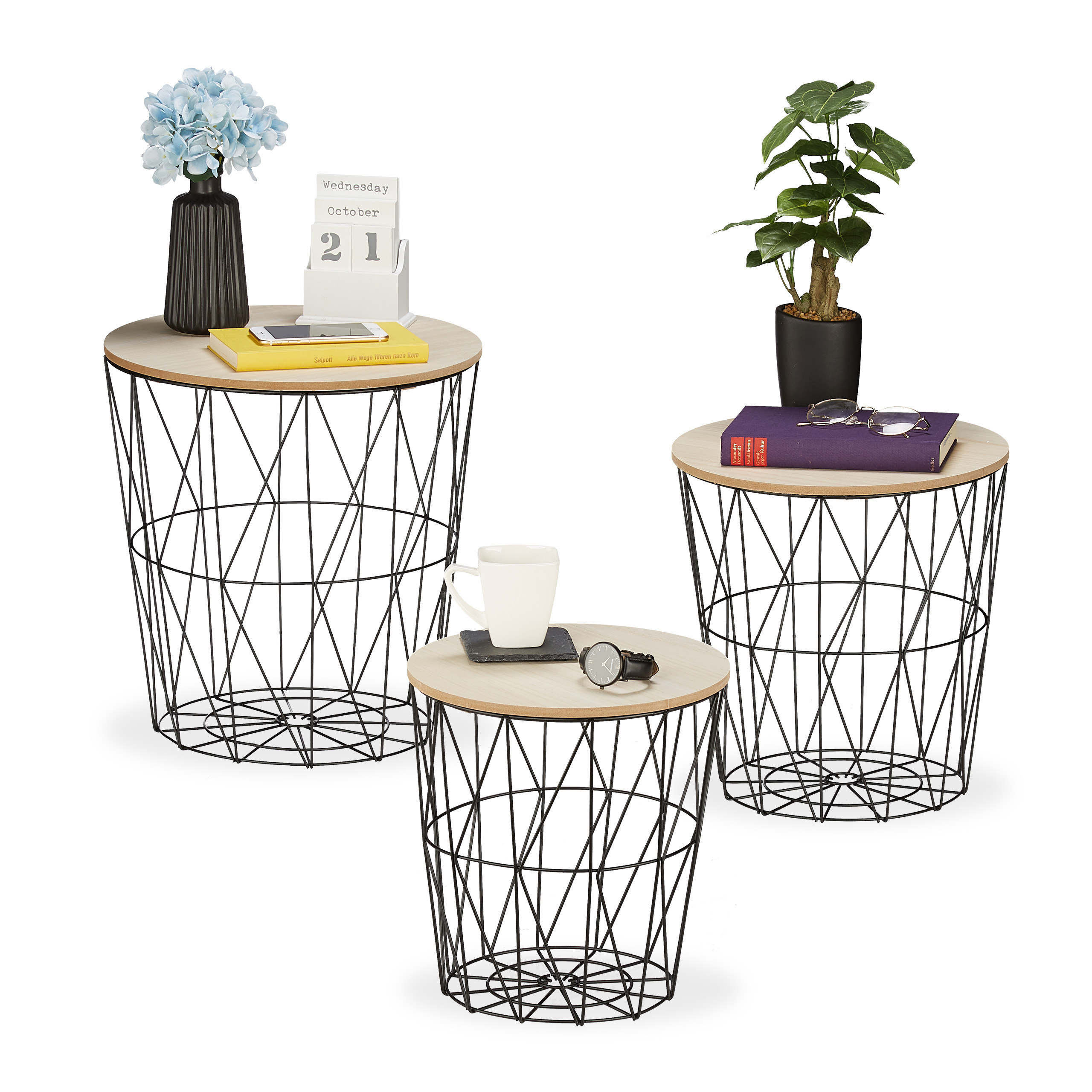 3-piece Basket Table Set In Black/natural