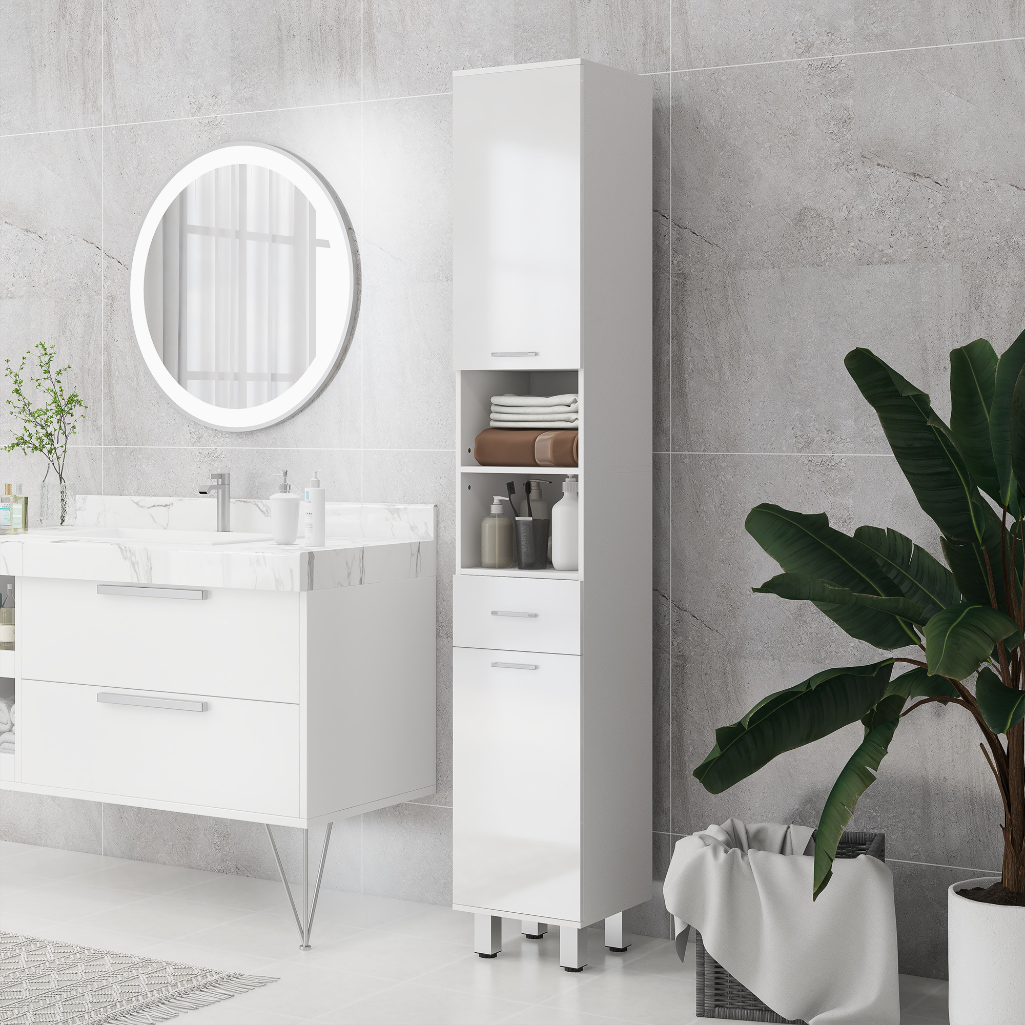 Narrow Bathroom Cabinet, Tall Cabinet Toilet Cabinet With High-gloss White Drawer, Adjustable Shelf And 2 Open Compartments, For Small Bathroom Spaces 30 X 30 X 180 Cm White