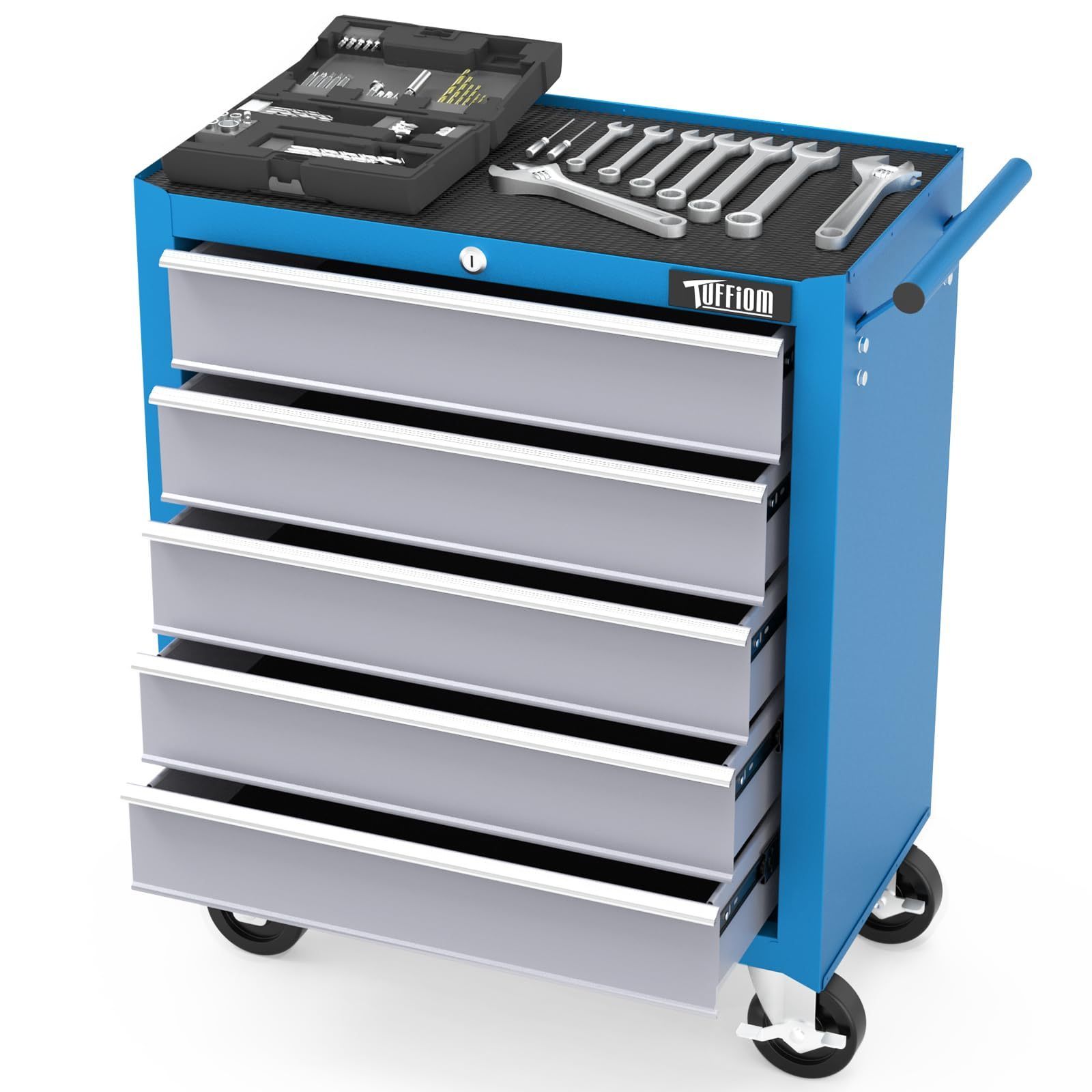 Image of Bonnlo Workshop Trolley 5 Compartments, Lockable Tool Cart With Handle & Wheels, Tool Cart For Workshop, Garage, Storage, Blue-grey
