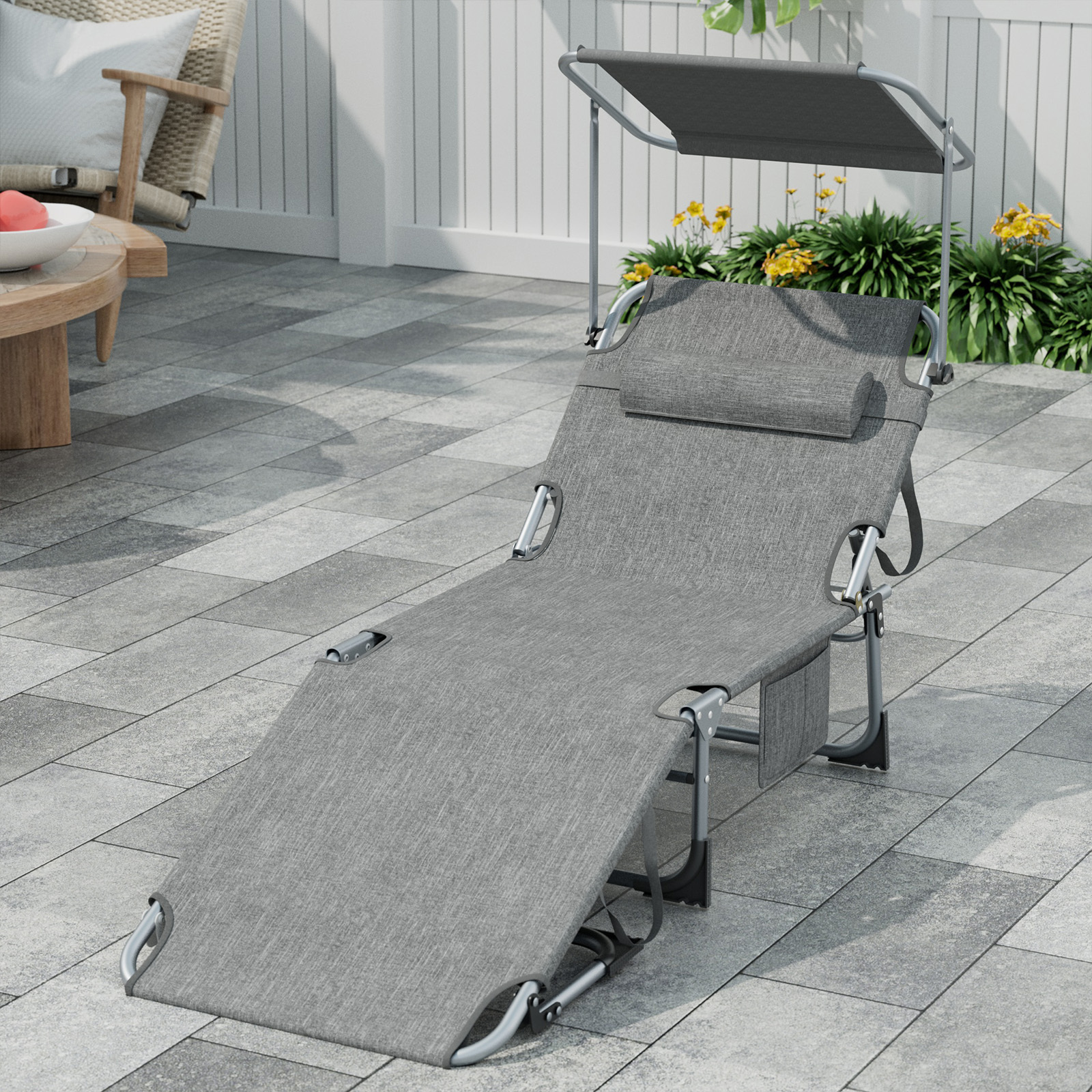 Lingsen 1pc Foldable Garden Recliner With Canopy Sun Lounger With Headrest Side Pocket Comfortable Garden Furniture For Terrace Beach Pool Beige 194×67.5×29cm
