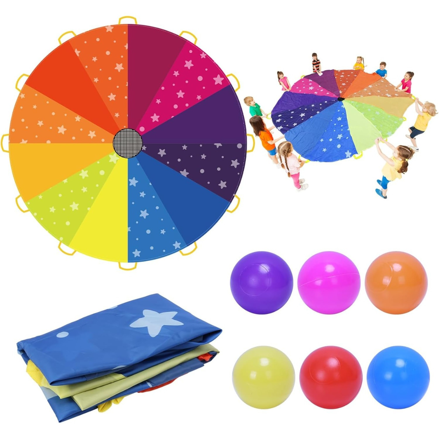 E-shop Regenbogen Schwungtuch 2.4m Bunt Fallschirm mit 12 Bällen und 12 Griffe Parachutes Spielzeug Fallschirmspiel Kooperative Bewegungsspiel