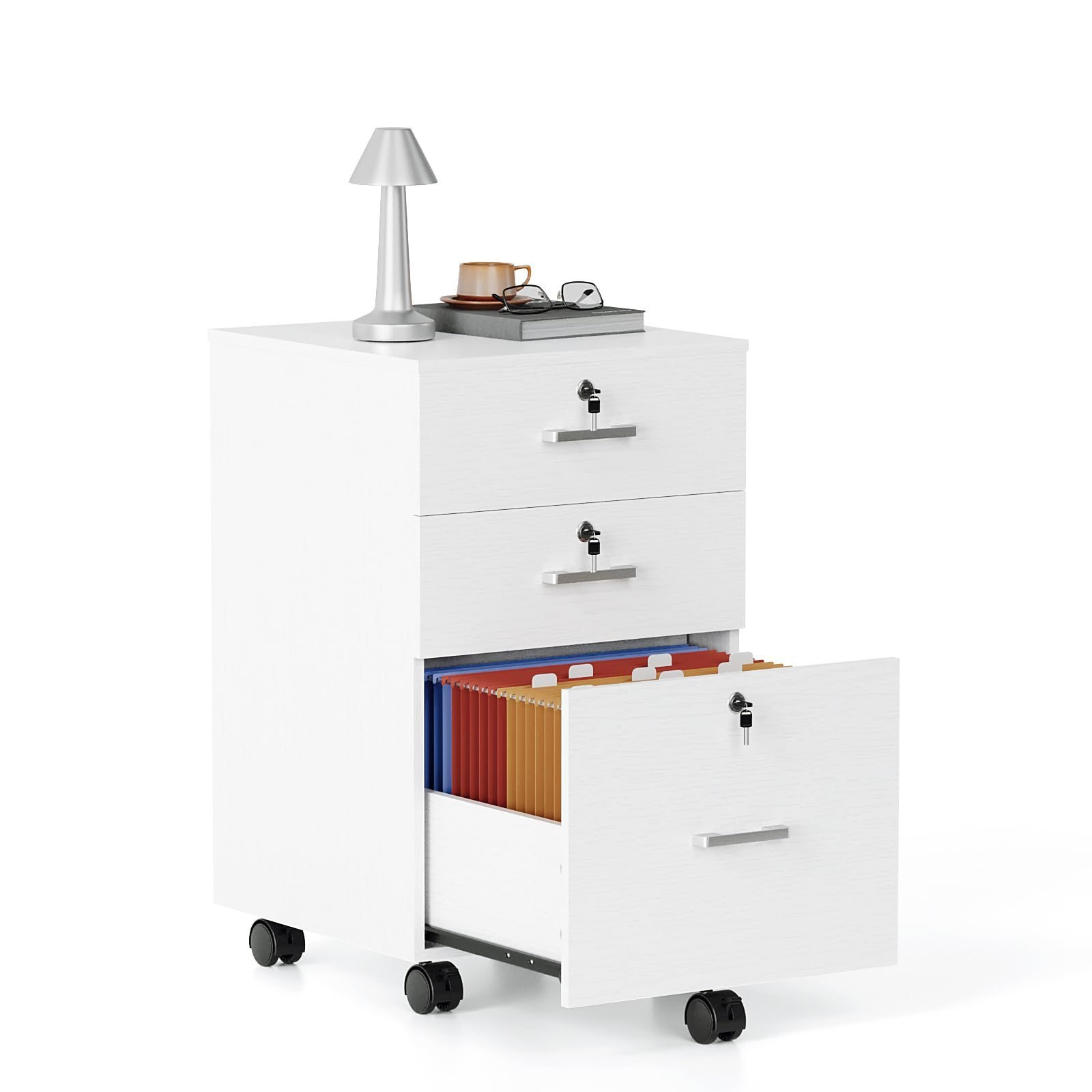 Image of Mobile File Cabinet With 3 Drawers For Office, Home Office, White, Wood | Rolling File Cabinet, Mobile Rolling Container, Lockable Office Cabinet, Wooden Drawer Cabinet For A4 And Letter Sizes