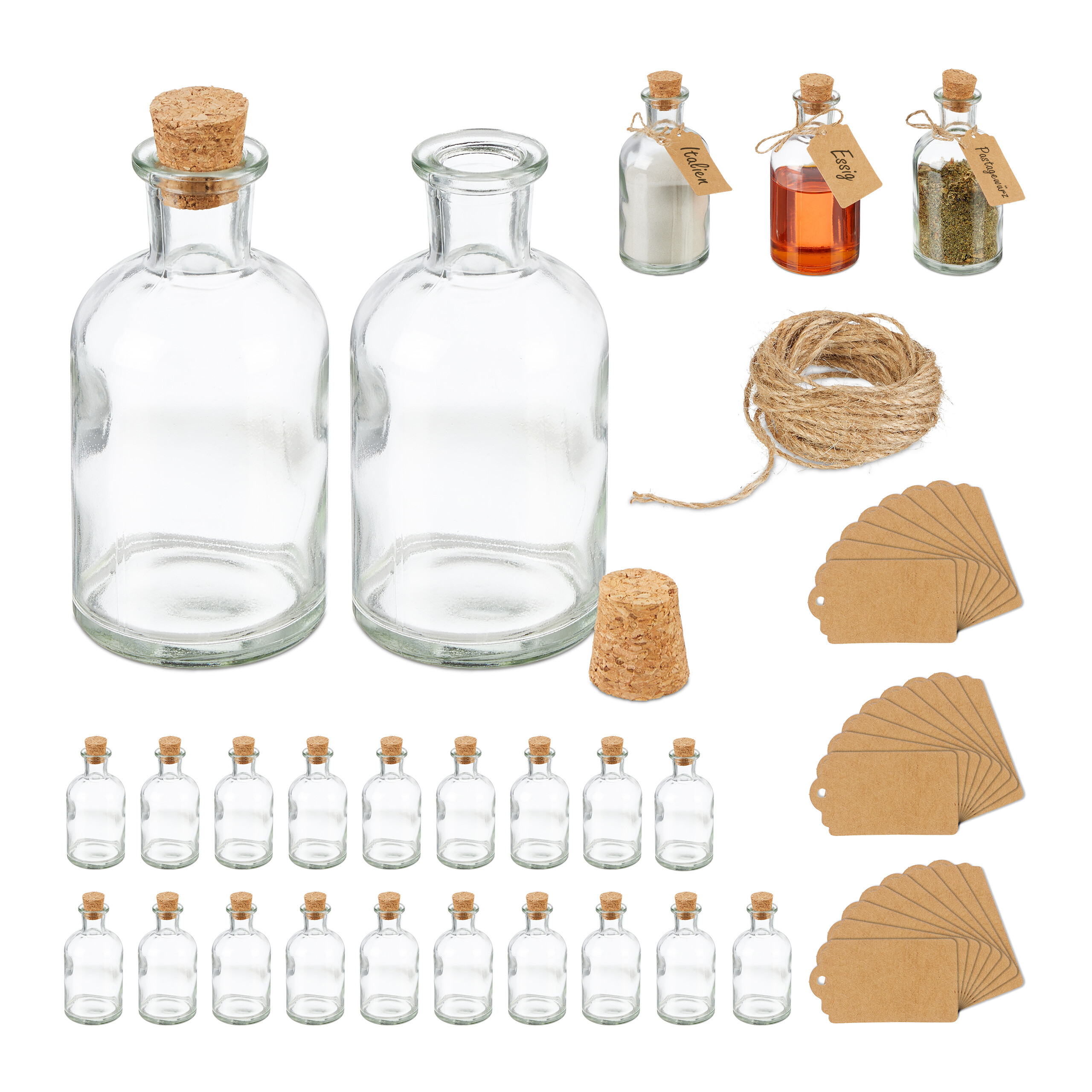 TEMU Glass Bottles With Cork Stoppers, 24-piece Set, 11.5 X 6 Cm, 125 Ml Each, Glass, Transparent And Natural, With Labels And String, For Kitchen,
