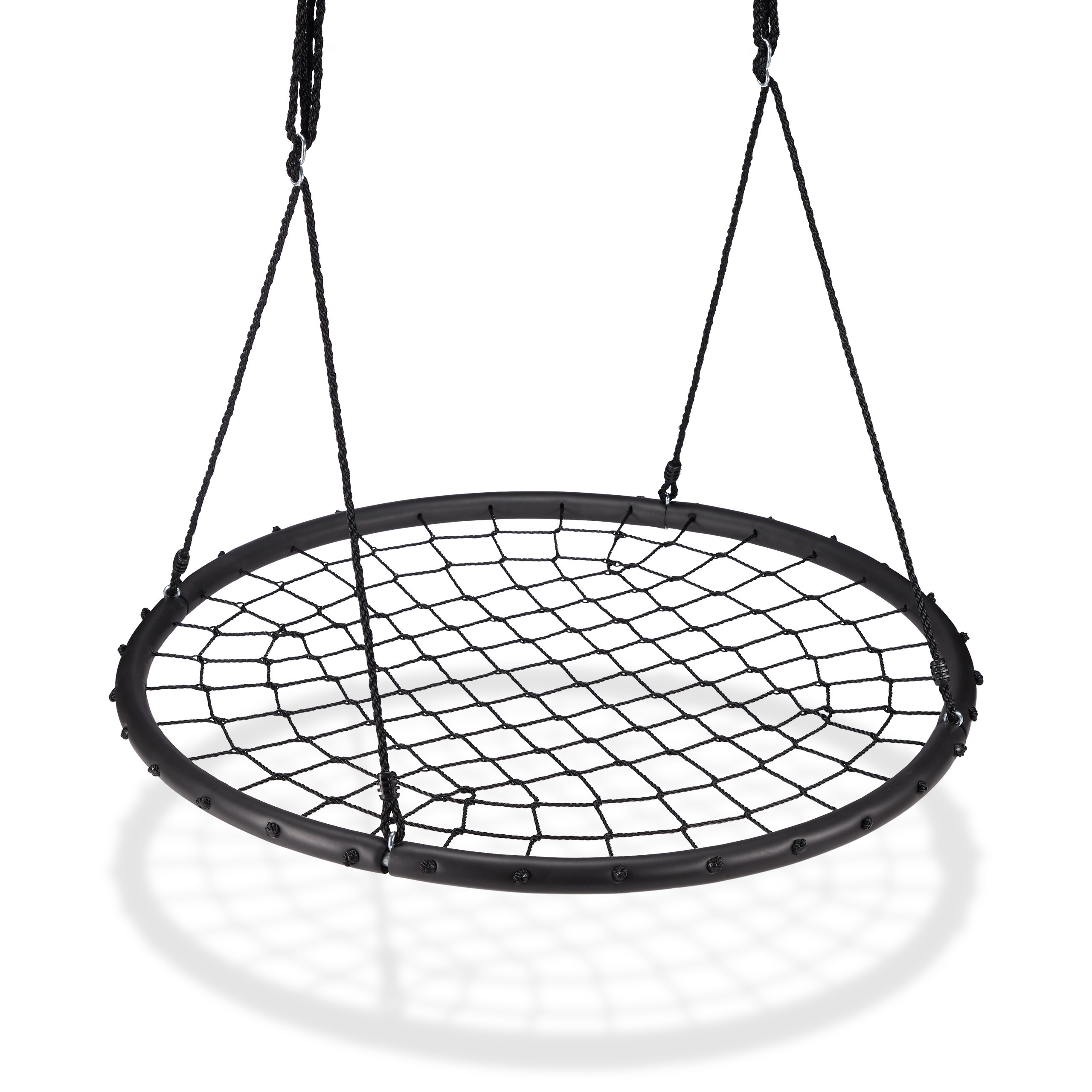 TEMU Columpio con red, estructura de acero, diámetro de 120 cm, altura de cuerda ajustable de 85 cm, soporta 150 kg, cuerda de PE negra con acolchado