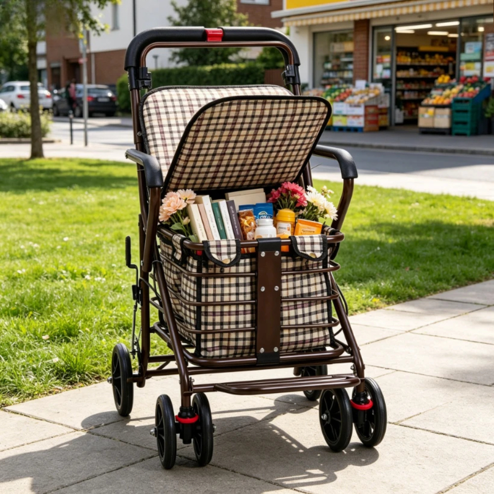 TEMU Folding Chair Trolley With Removable Foldable Liner, Shopping Cart, Portable Grocery & Parcel Handcart With Seat For Rest
