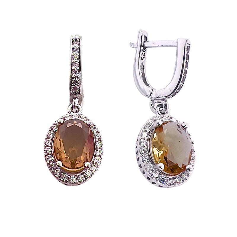 Image of Hanging Oval Earrings 925 Silver With Beautiful Stone