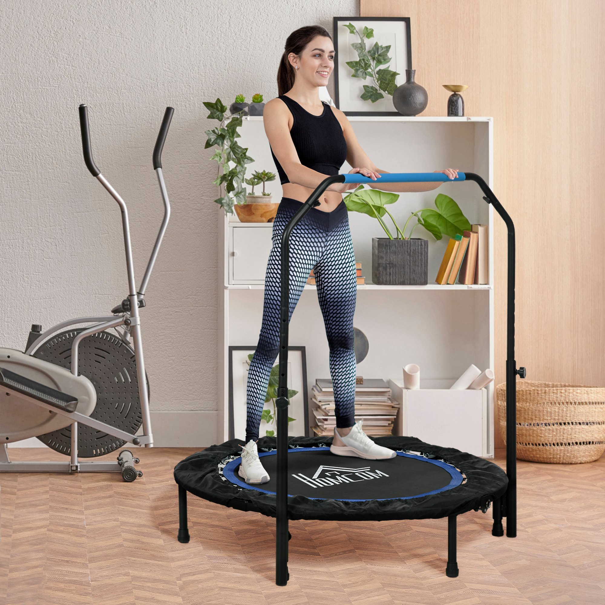 Image of 102 Cm Fitness Trampoline, Foldable Mini Trampoline With Four-height Adjustable Handle, Fitness Rebounder For Adults, Up To 150 Kg, Black+blue