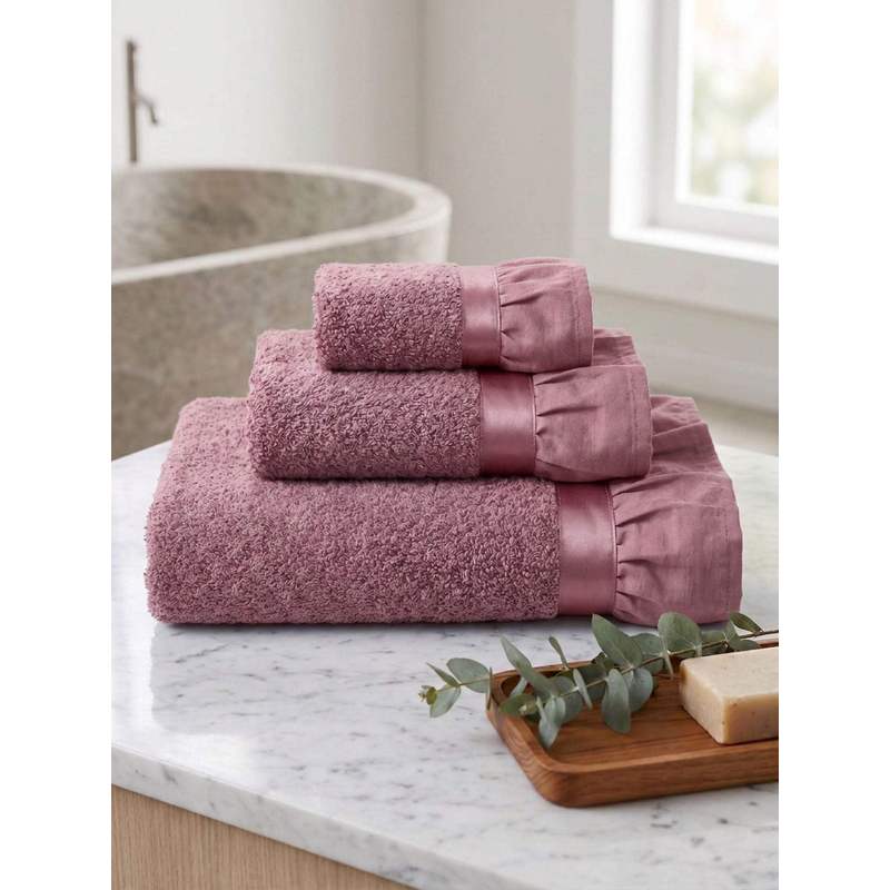 TEMU Set Asciugamani Bagno 3 Pezzi in Morbida Spugna 500 gsm, Design Elegante con Balza Volant Shabby Chic. Asciugamano (50x100), Asciugamano Ospite