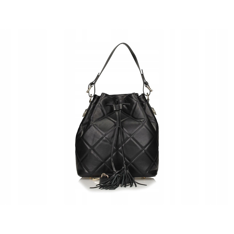 Quilted Leather Drawstring Bucket Bag - Black, Women's, Genuine Leather, 28cm Height, 25cm Width, 12cm Depth, Shoulder Strap, Elegant Style