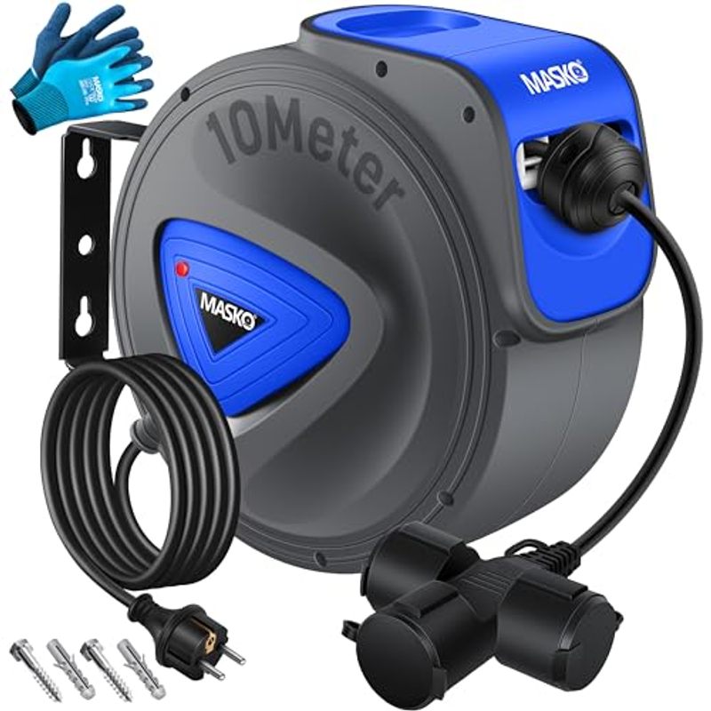 Masko® Automatic Cable Reel Extension Cable 10m With 3- 180° Rotatable 1.5m Wall Mount Workshop Cable Roller Automatic Power Reel Hose Roller Including Gloves