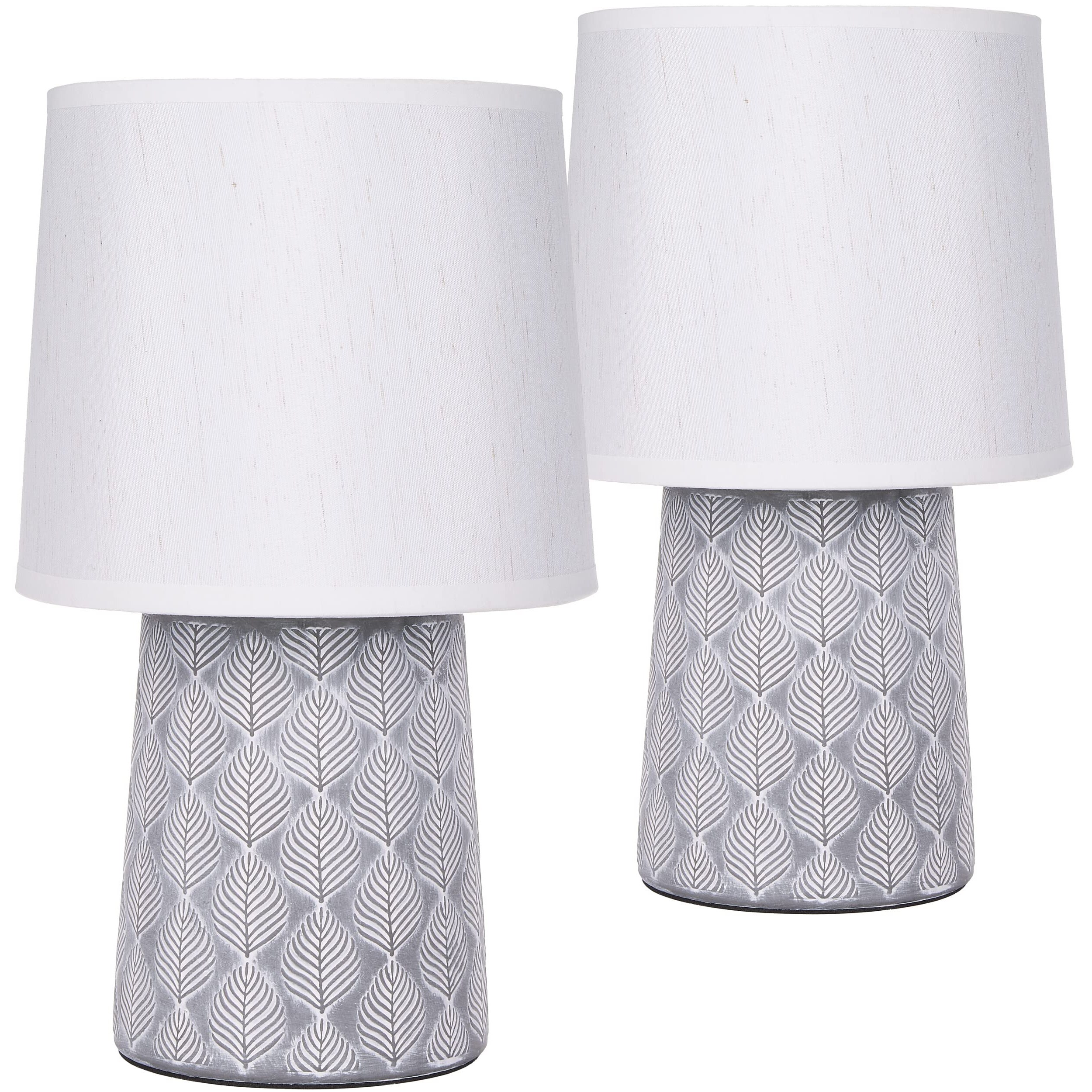 Image of Brubaker 2-piece Set Table Or Bedside Lamps - 33 Cm - Grey - Ceramic Lamp Bases - Leaf Ornaments - White Linen Shades (bulb Not Included)