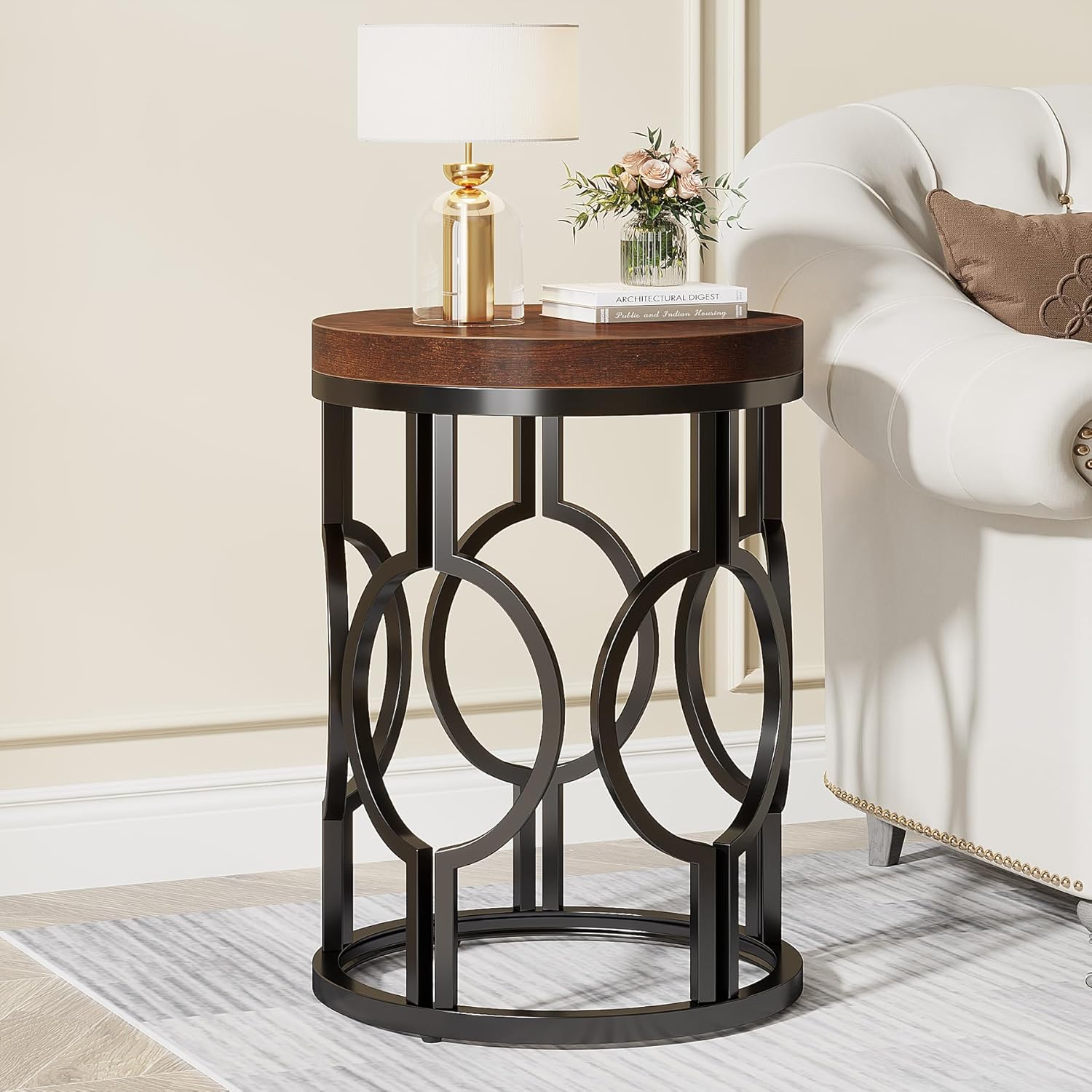 Modern Round End Table, Industrial With Metal Hollow Frame, Small Bedside Table Nightstand For Living Room, Bedroom, Easy Assembly, Rustic Brown,1pc