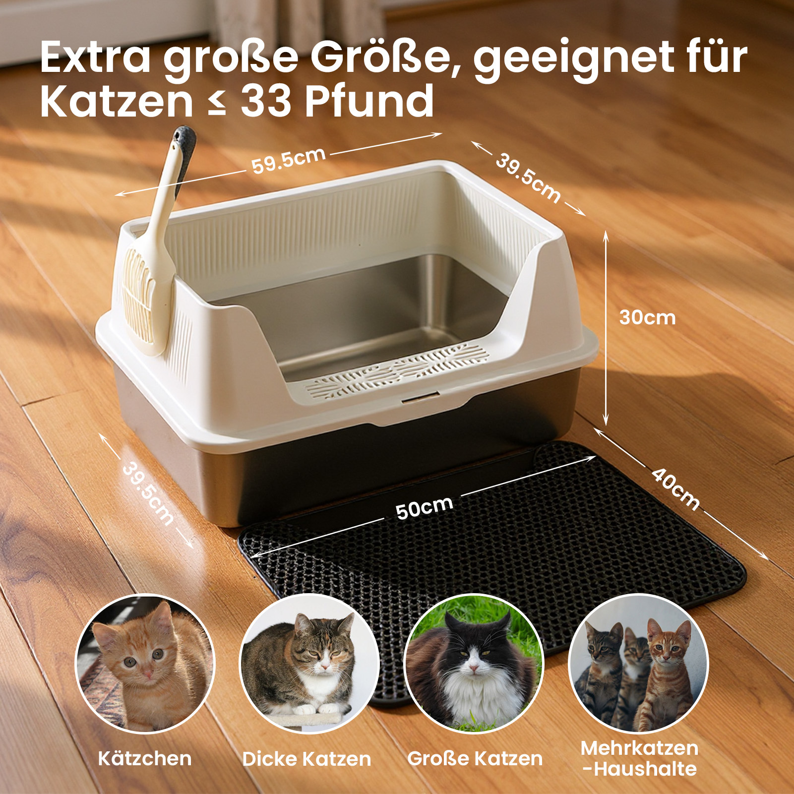 Image of Xxl Stainless Steel Cat Litter Box 59.5 × 39.5 × 30 Cm – Large Cat Litter Tray With Lid, Litter Mat, And Scoop, For Medium And Large Cats