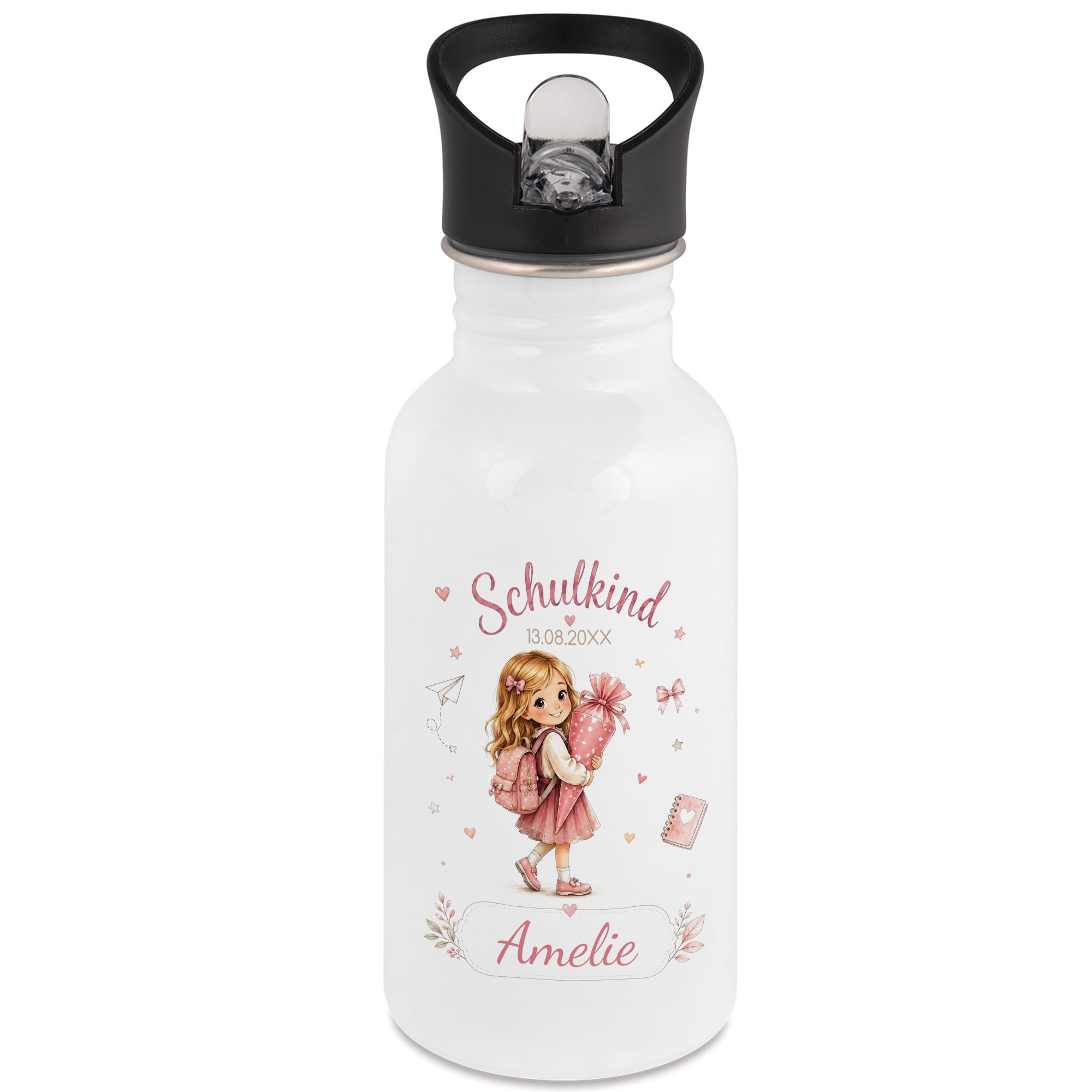 Image of Personalized Water Bottle For School Girl, First Day Of School Gift For Beginner Students, Stainless Steel Bottle Pink With Name And Date, 500ml
