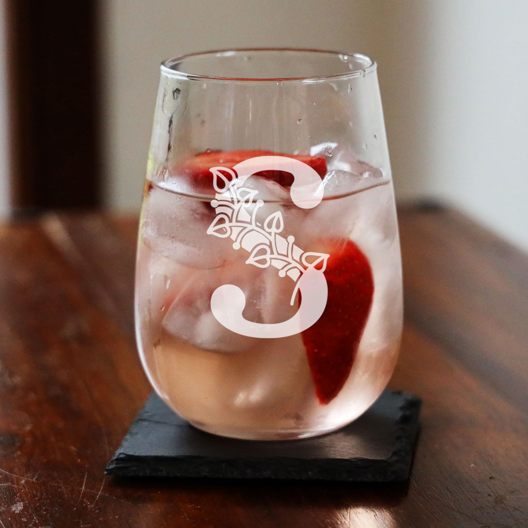 S Monogram Initial Etched Stemless Gin Glass, Engraved Gift