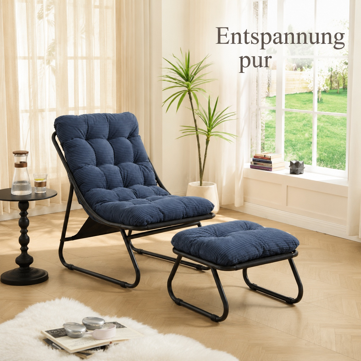 Image of Padded Relaxation Chair With Footstool, Reading Chair With Dark Blue Corduroy Cushion, Sturdy Black Metal Frame, Leisure Chair For Living Room, Bedroom, Balcony, Terrace