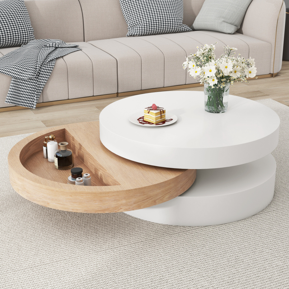 60 X 60 X 35.1 Cm Cylindrical Coffee Table, Top Tabletop 360° Rotatable, Rotating Living Room Table, Three-tier Sofa Table, 3 Shelves, Total Recommended Load Capacity 30kg, With Storage Space