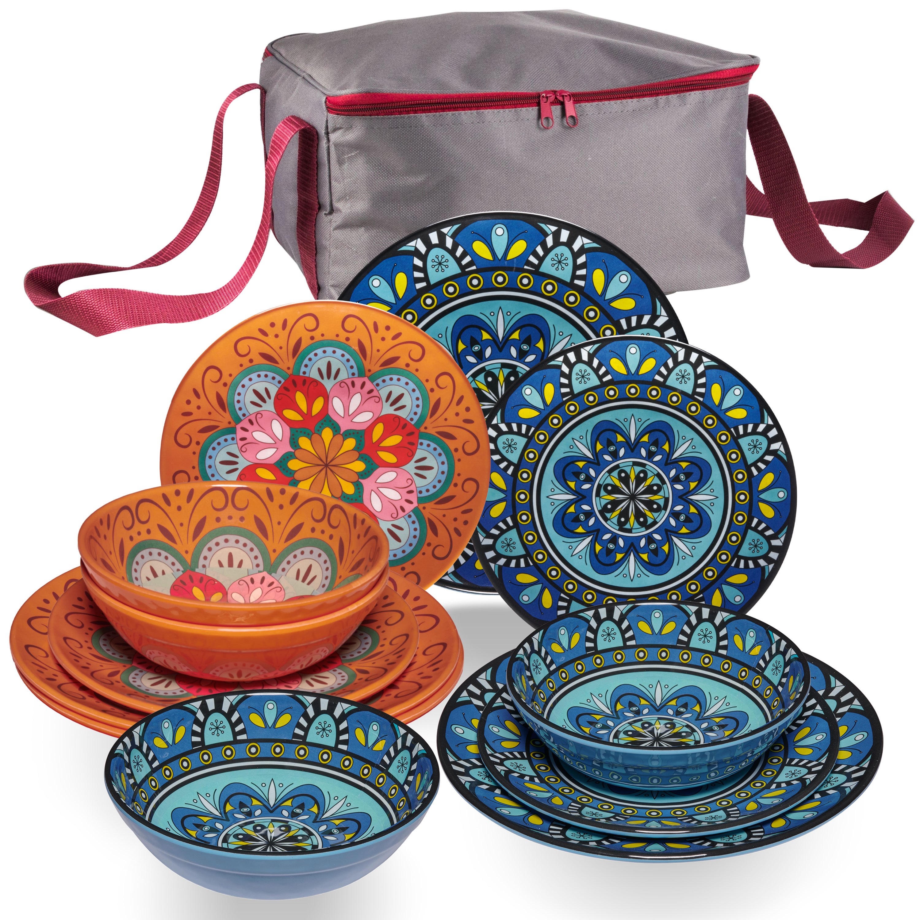 Image of Pastel Camping Tableware For - 13 Pieces - - With Mandala-pattern Storage Bag, Dishwasher Safe, Dinnerware, Camping Accessories, Camping, Festival, Picnic, Garden Party