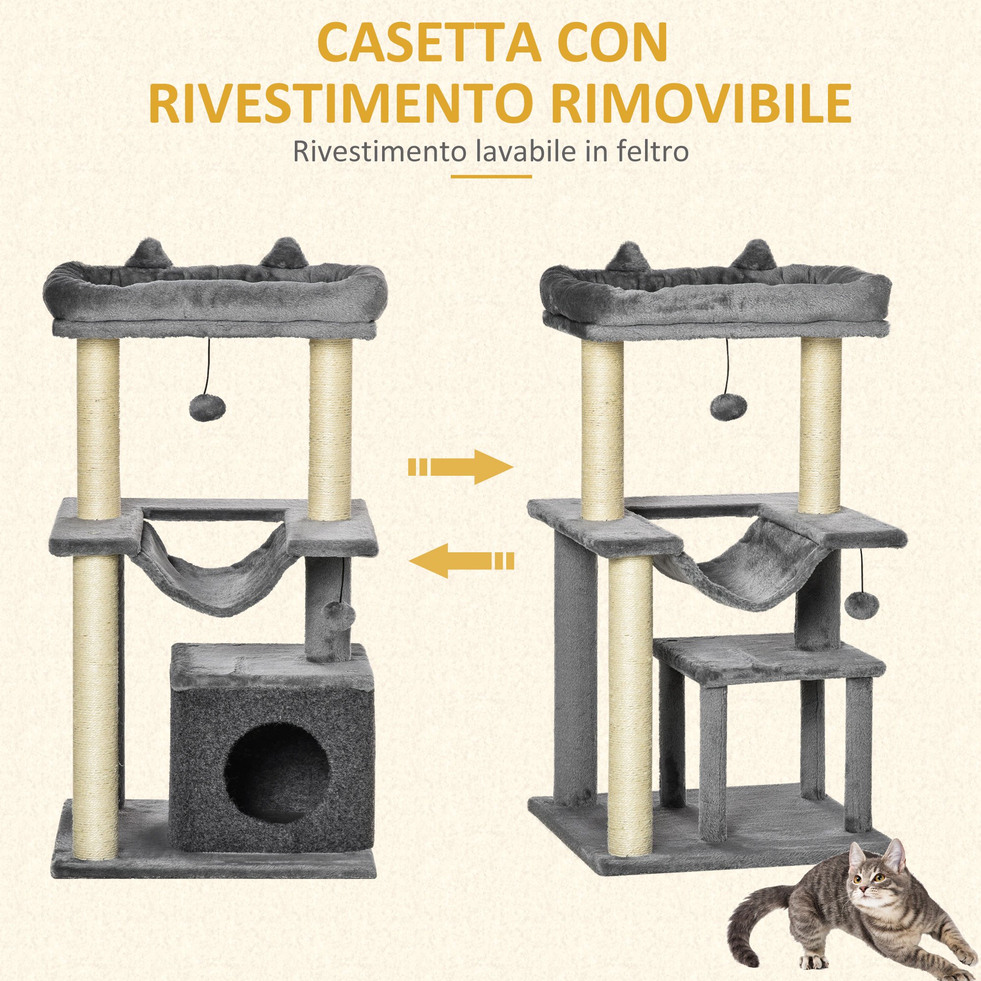 Pădure de zgâriat pentru pisici Pawhut, pentru pisici adulte, castel de zgâriat cu sfoară de sisal, cabană, pernă și hamac, 2 bile, husă de pluș și pâslă, înălțime 90 cm, gri