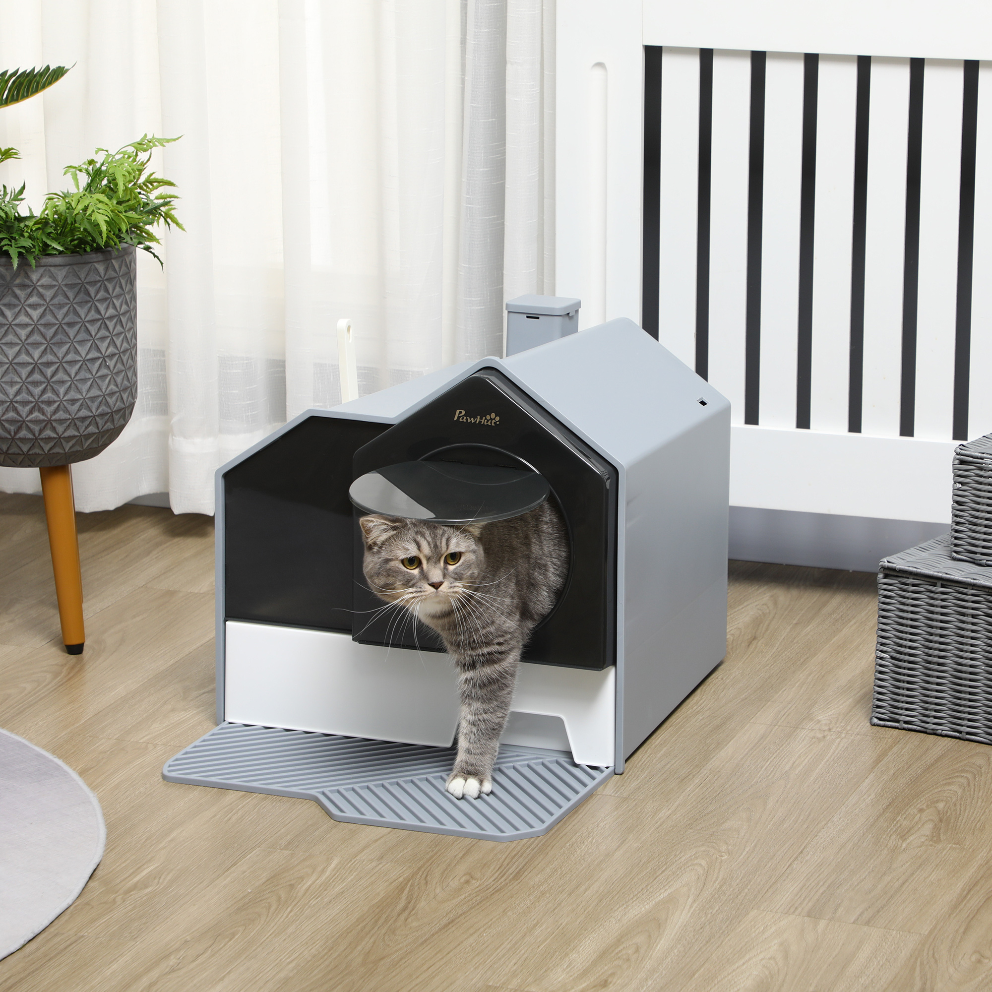 Image of Cat Toilet Cat Litter Box With Hood Cat Toilet With Shovel Filter Xxl Cat Litter Box For Cats Up To 5 Kg 47 X 45 X 42 Cm Gray