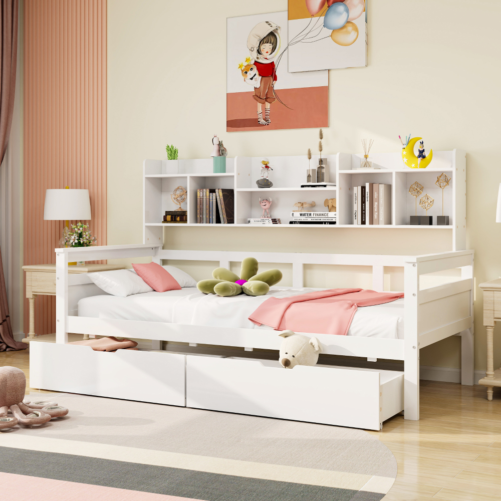 Image of Multifunctional Sofa Bed, Solid Wood, Stable, Long-lasting, With Storage Drawers And Shelves, 90x200cm, White, Space-saving, For Living Room, Bedroom, , City Apartments
