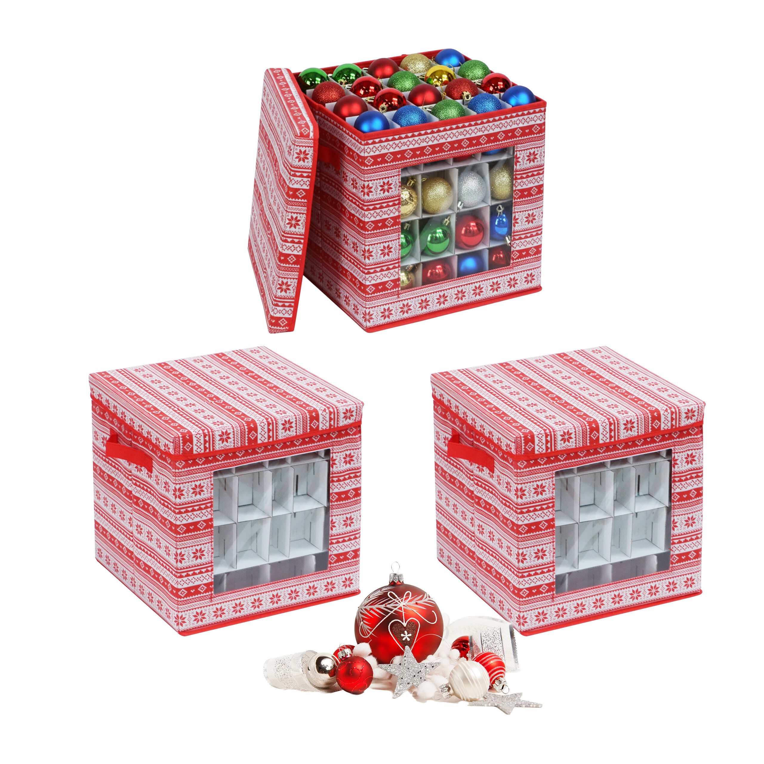 3 X Christmas Ball Storage Box In Red/white - (w)33 X (h)33 X (d)33 Cm