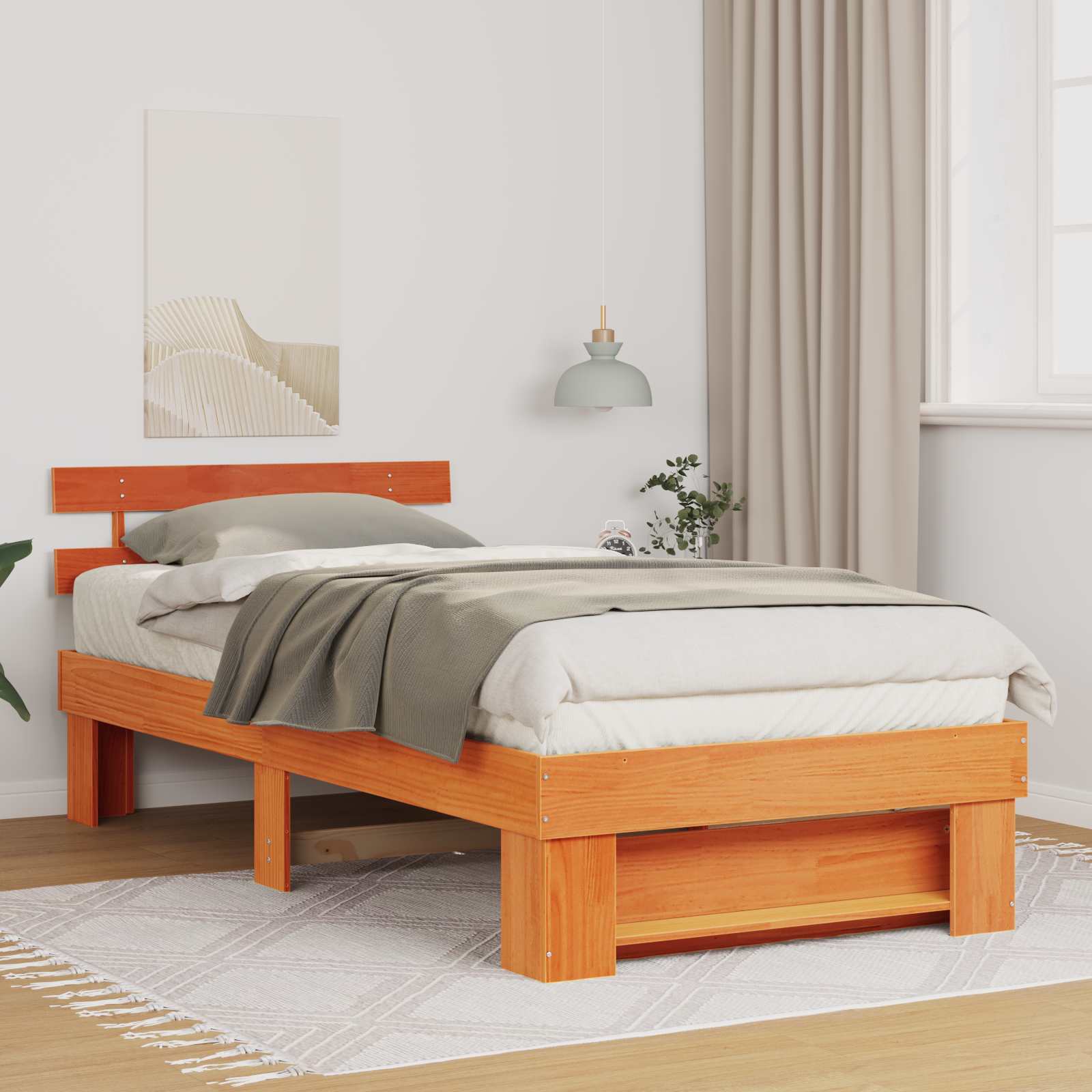 Image of Bed Brown 100 X 200 Cm Solid Pine Wood, Modern Rectangular Platform Bed, Sturdy Frame, Comfortable Mattress Support, Elegant Headboard, Minimalist Furniture