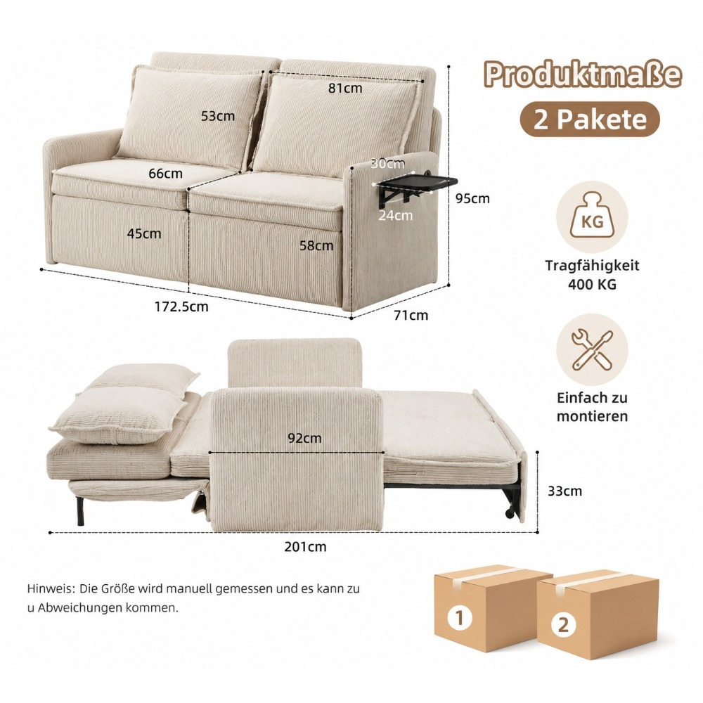 Image of Chenille Two-seater Sofa, Pull-out Sofa Bed With Folding Table For Small Apartments
