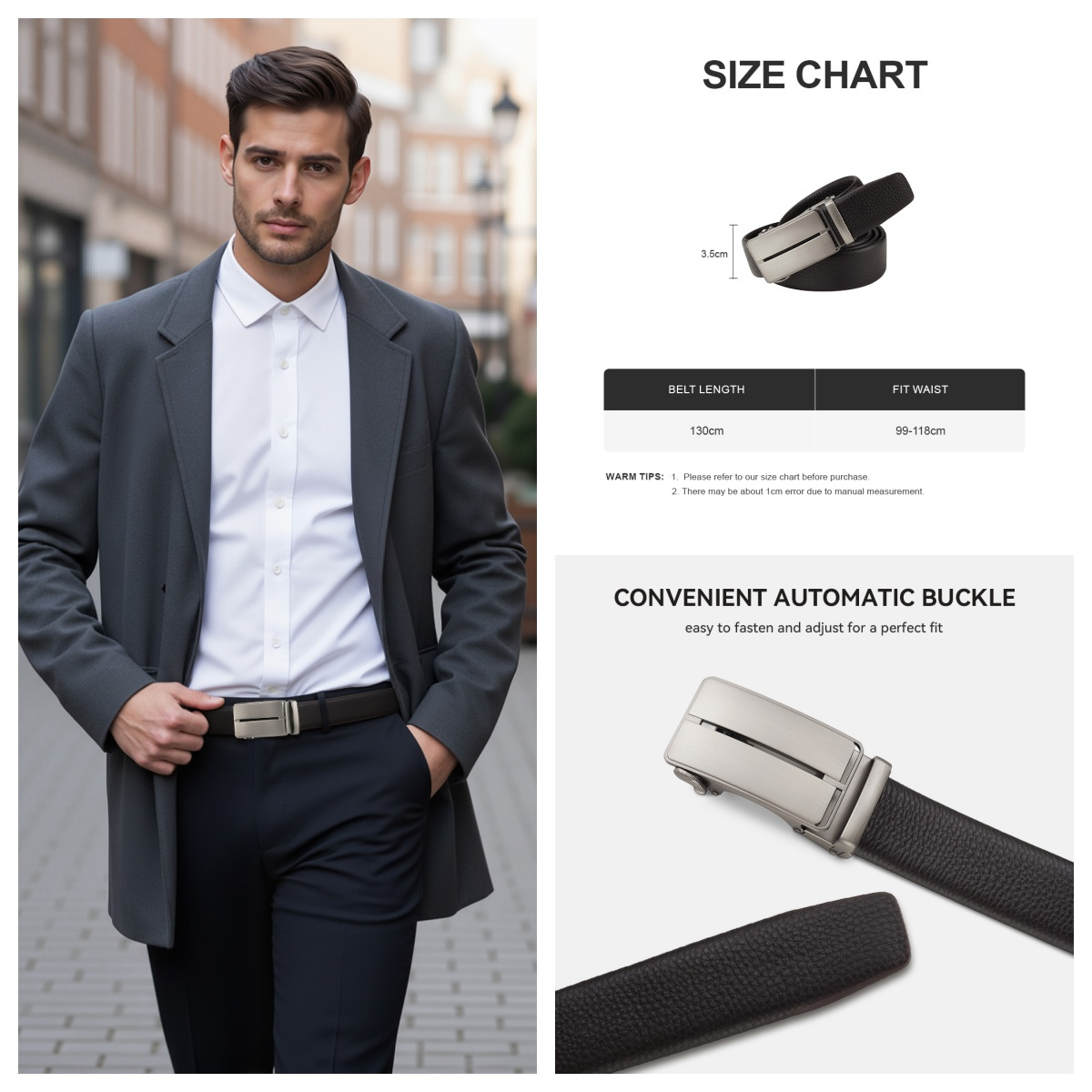 Men's Adjustable Ratchet Waist Belt with Smooth Automatic Fastening Buckle