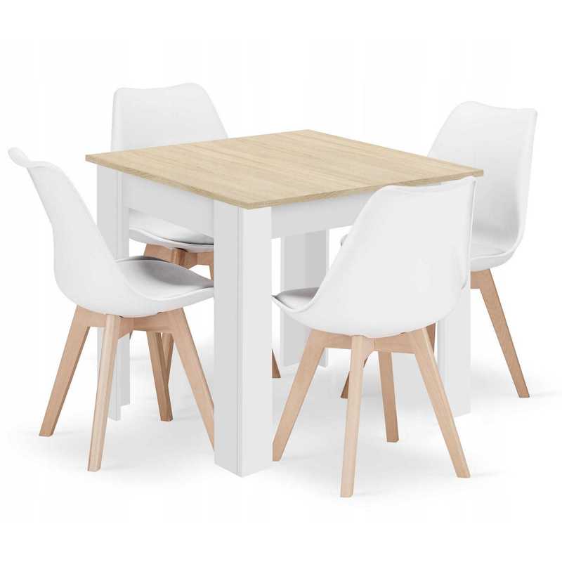 Image of Dining Room Furniture Set With A 80x80 Cm Square Table In Oak Color And 4 White Mark Chairs With And Durable Construction For Home Use.