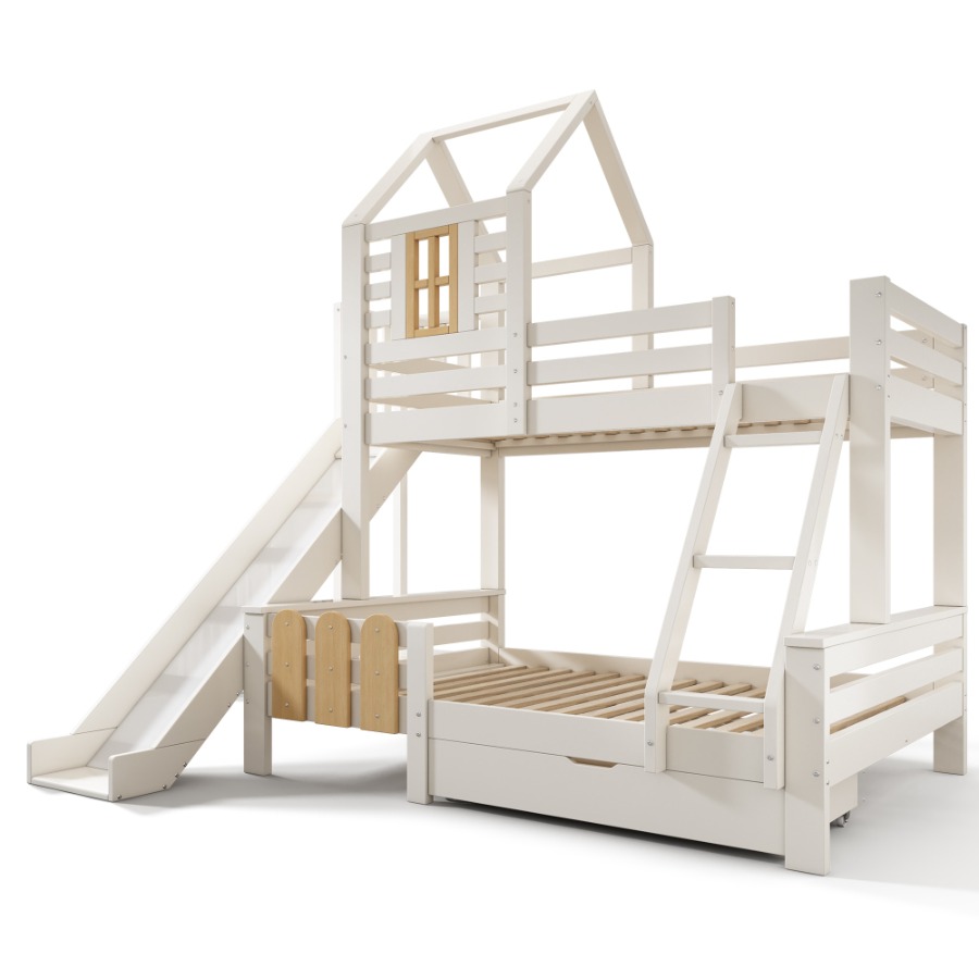 Bunk Beds for Kids, Wooden Cabin Bed with Ladder and Slide, Multi-functional Tree-house Bed, Children's House Bed, Twin Sleeper (90+135) x 190 cm, Solid Wood, White