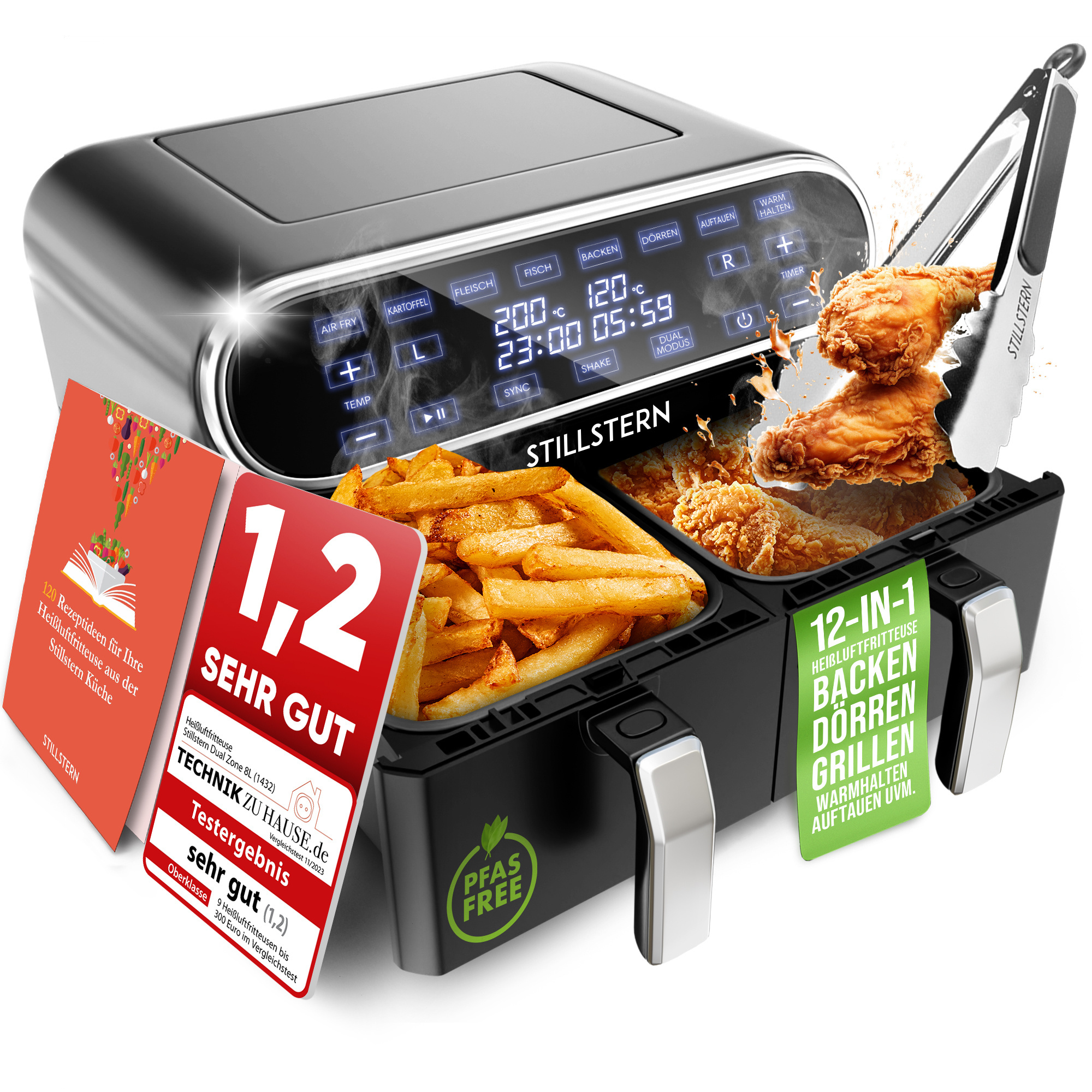 Hot Air Fryer 8l (for 1-8 ), 2400w, 1.2 (), 55-, Shake Function, 120 Recipes (german), 8 Programs, Drying, Defrosting & , Air Fryer