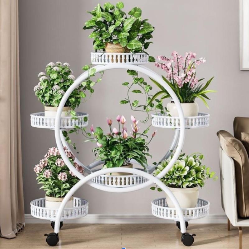 Image of Tiered Plant Stand For Flowers On Wheels, Round, White
