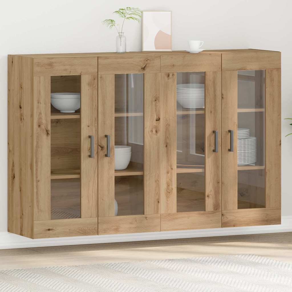 Image of Vidaxl Wall-mounted 2-part Oak Cabinet 139 X 34 X 90 Cm Wooden Storage Buffet With Glass Doors Kitchen Shelves Rustic Style For Home