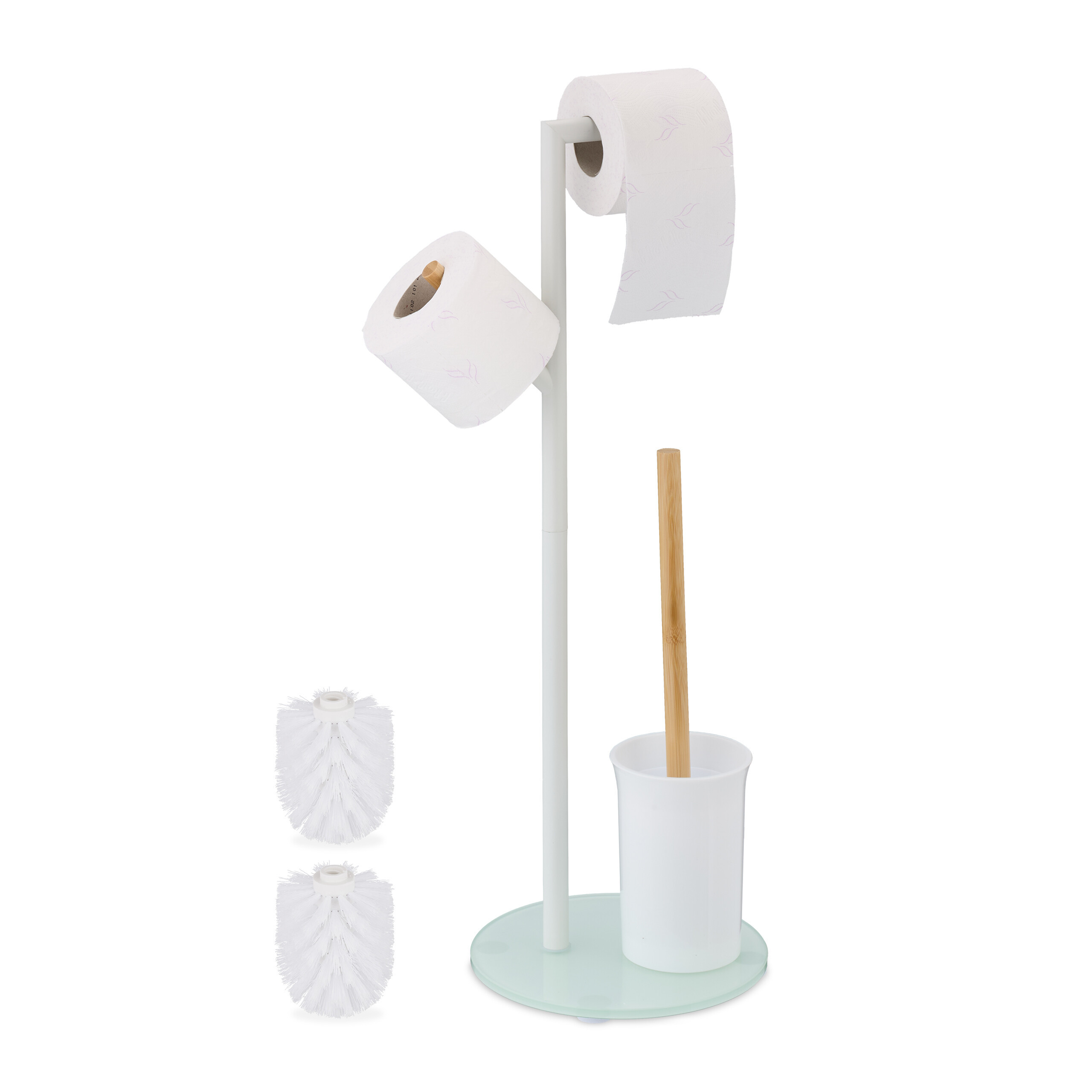 TEMU Set WC , freestanding, 64 x 27 x 22 cm, acciaio , bamb羅, vetro e plastica, porta carta igienica con supporto per rotolo di ricambio, testa