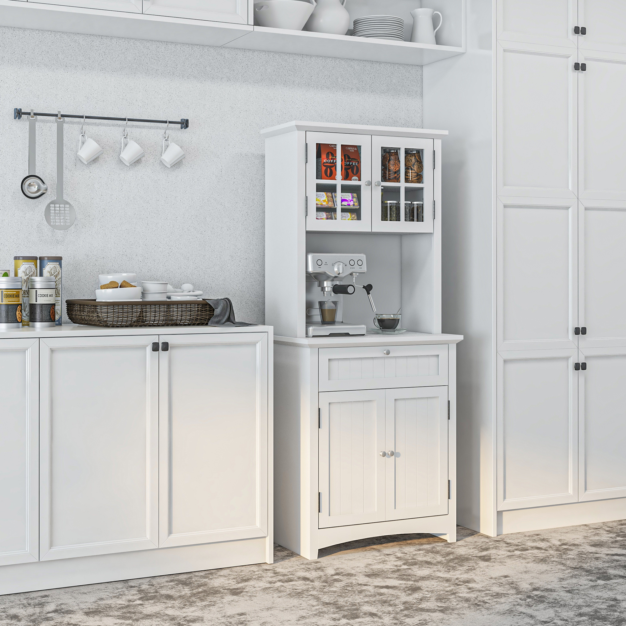 Homcom Mobile Kitchen And Dining Room Pantry With 2 Cabinets, Adjustable Shelves And Countertop, In Mdf, 68.6x40x164 Cm, White