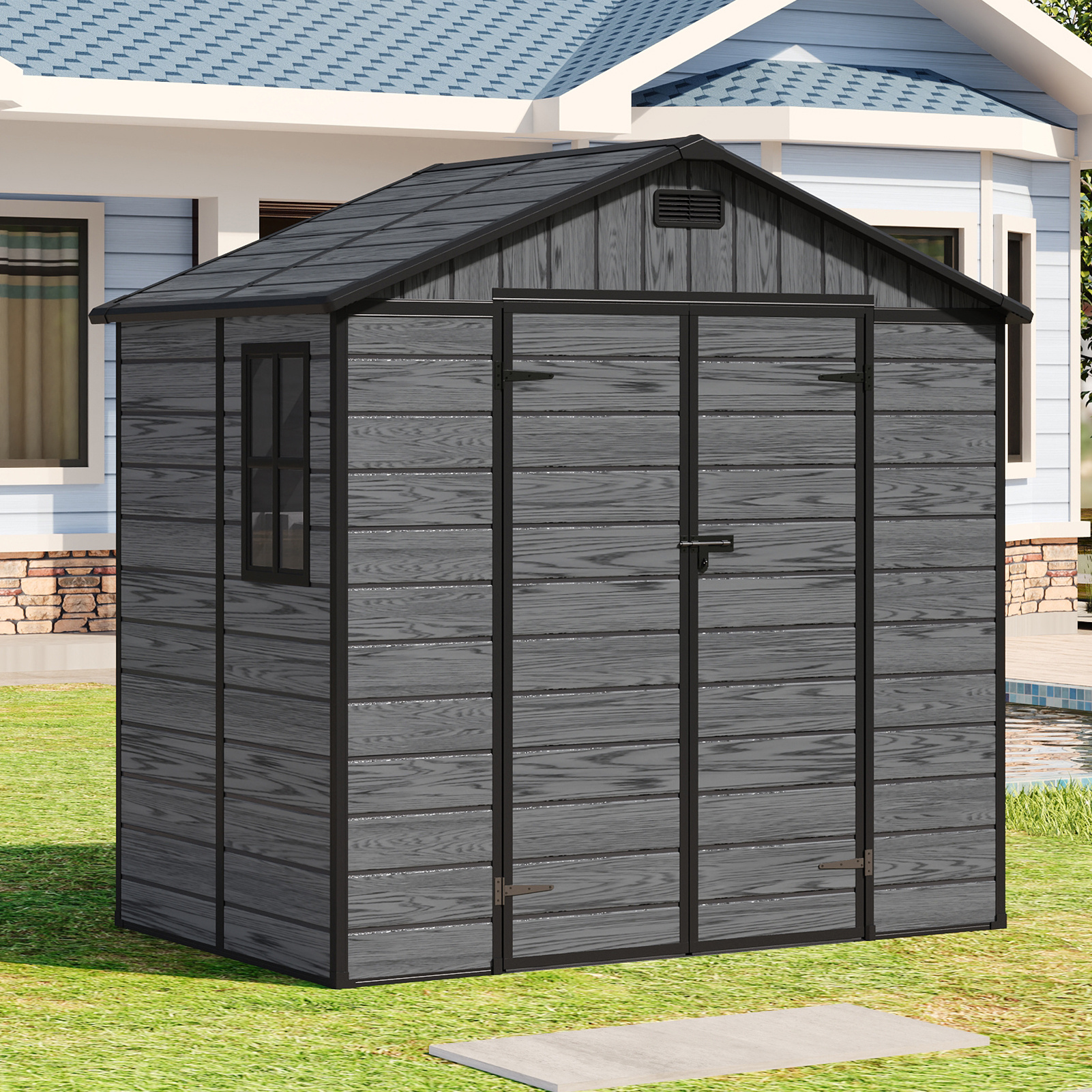 large 8x4ft dark grey garden shed wood effect   roof plastic shed with window temporary removable outdoor tool shed storage house container with lockable door for gardening bicycle tools 230cm w x 137 5cm d x 226 5cm h